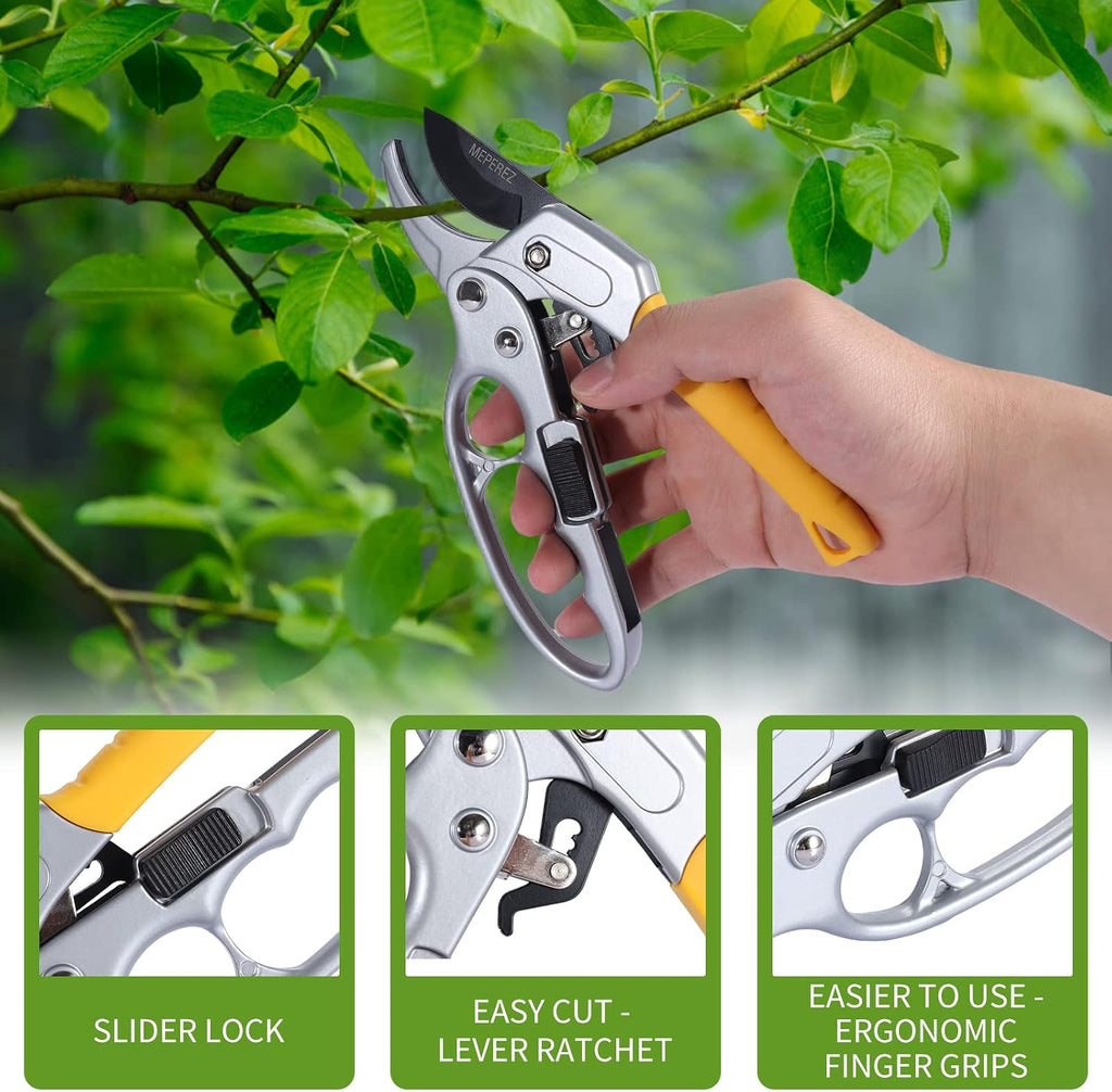 Premium pruning shears, hand pruners 4x cutting power trimming, garden clippers heavy duty 1-inch cut capacity, gardening gifts man & women, scissors gardening tools, arthritis weak hand snips