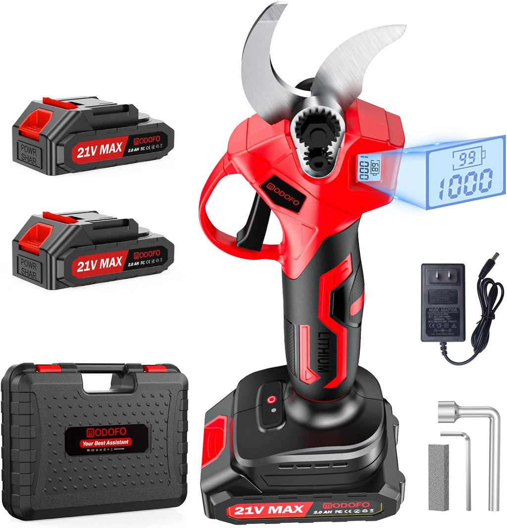 Upgraded Electric Pruning Shears, 1.4" Cutting Diameter Cordless Pruner with LCD Display, Brushless Motor, 2×2.0Ah Rechargeable Batteries & Extra Blade for Garden Trees and Branches