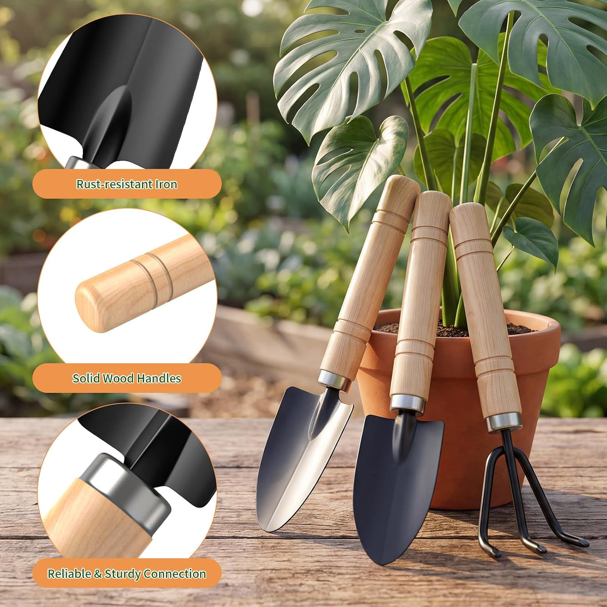 3 Pcs Mini Garden Tool Set with Small Trowel, Mini Shovel & Hand Rake