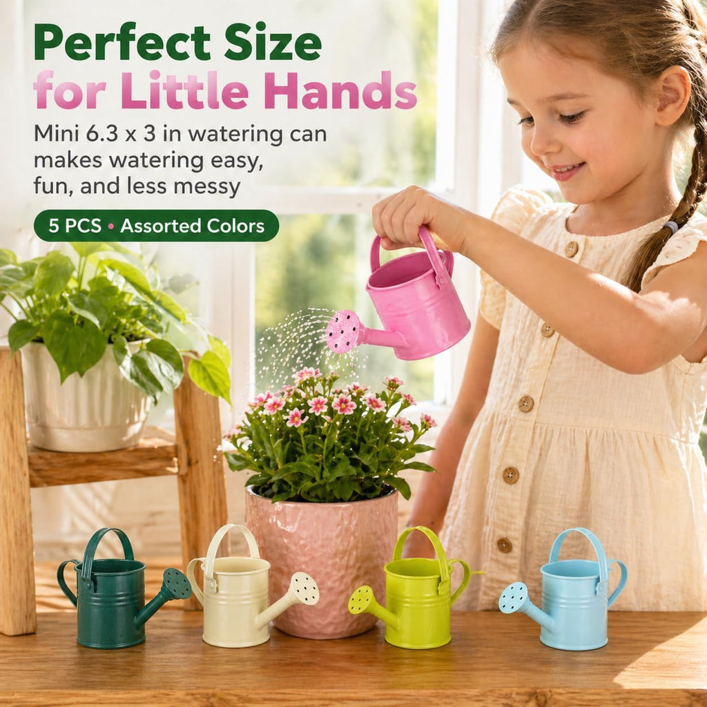 DECHOUS 5 Pack Small Metal Watering Cans for Kids 6.3 x 3 Inch