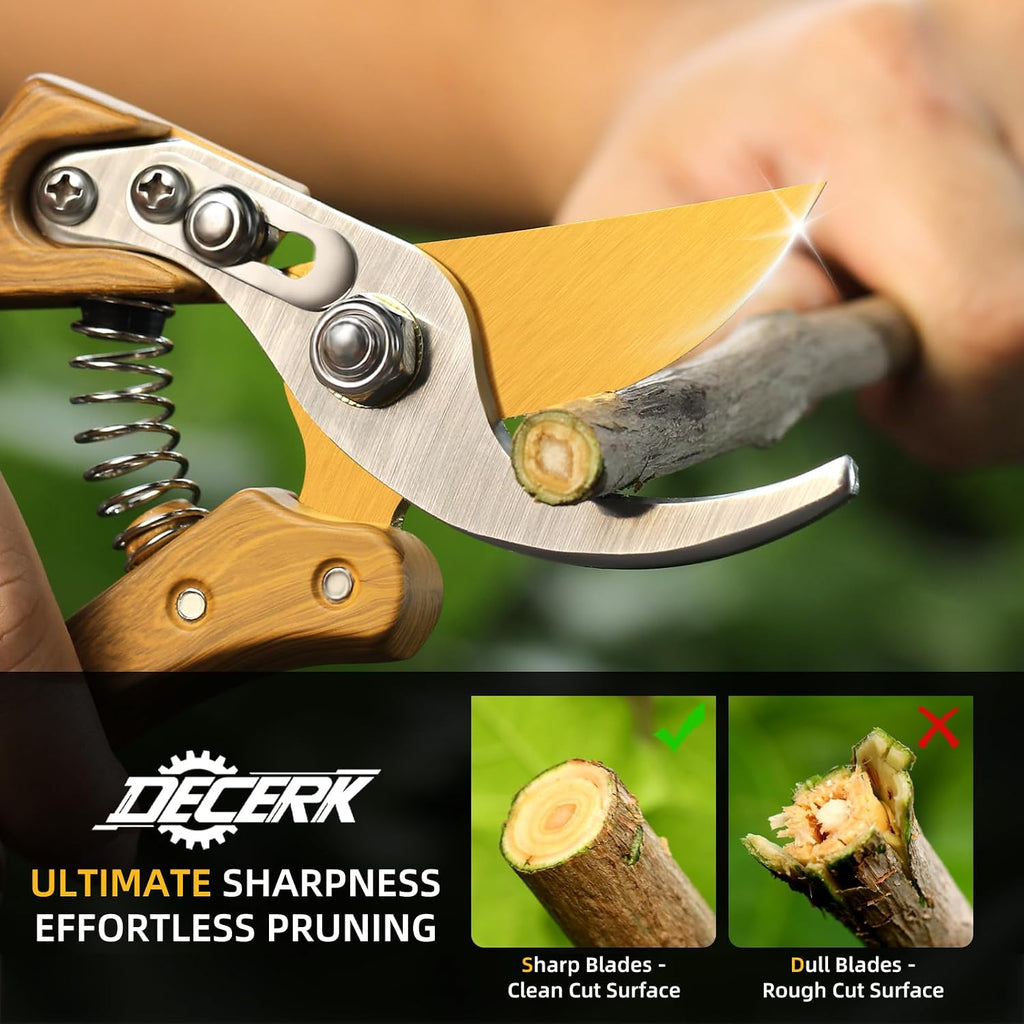 DECERK® 8.5" Premium Bypass Pruning Shears, Wood-Grain Garden Clippers
