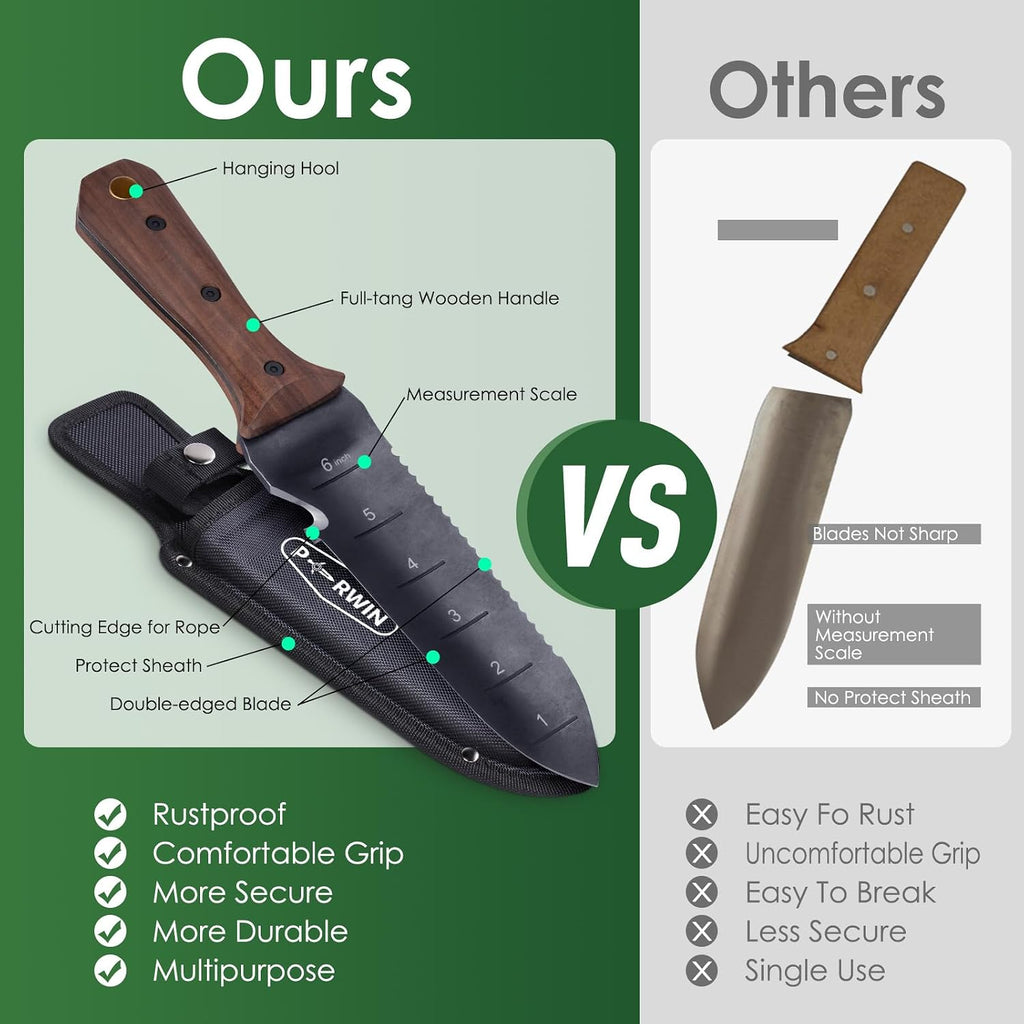 PERWIN Hori Hori Garden Knife, Garden Tools with Sheath for Weeding, Planting, Digging, 7" Stainless Steel Blade with Cutting Edge, Full-Tang Wood Handle with Hanging Hole