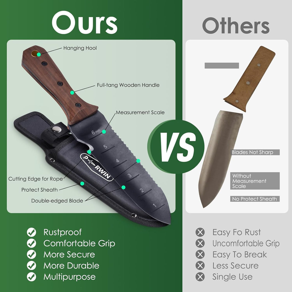 PERWIN Hori Hori Garden Knife, Garden Tools with Sheath for Weeding, Planting, Digging, 7" Stainless Steel Blade with Cutting Edge, Full-Tang Wood Handle with Hanging Hole