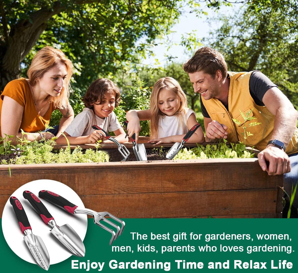 ESOW Garden Tool Set 3 Pc, Cast-Aluminum Heavy Duty - Trowel, Rake, Red