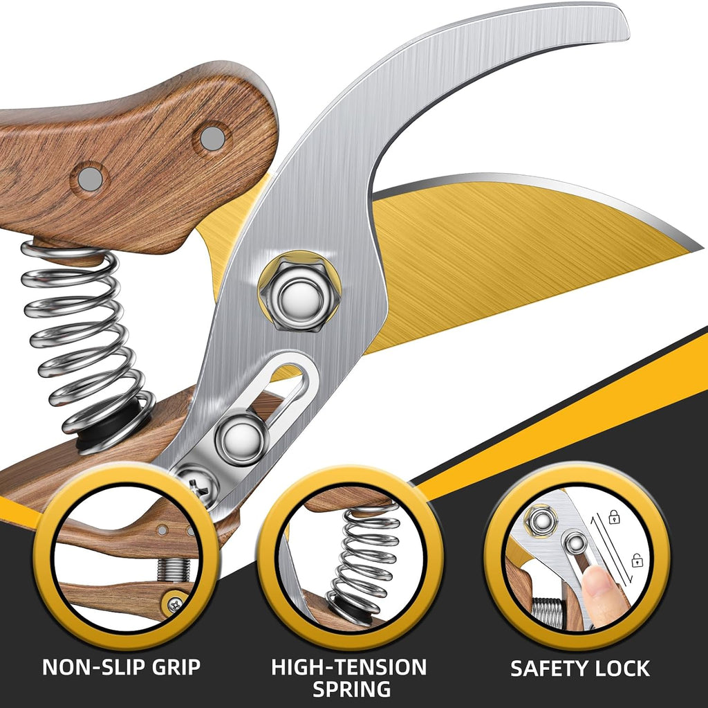 DECERK® 8.5" Premium Bypass Pruning Shears, Wood-Grain Garden Clippers
