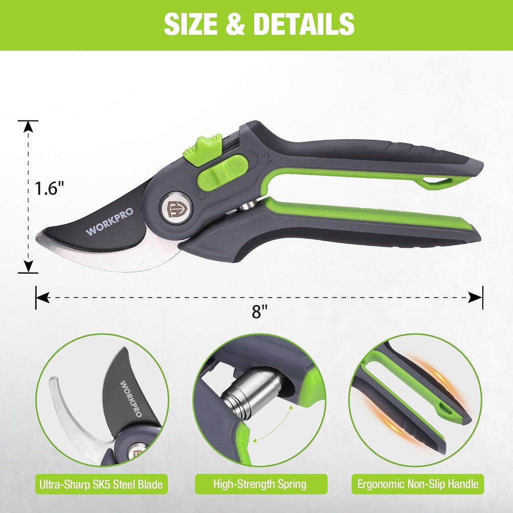 WORKPRO 8" Bypass Pruning Shears for Gardening with Dual-Size Opening