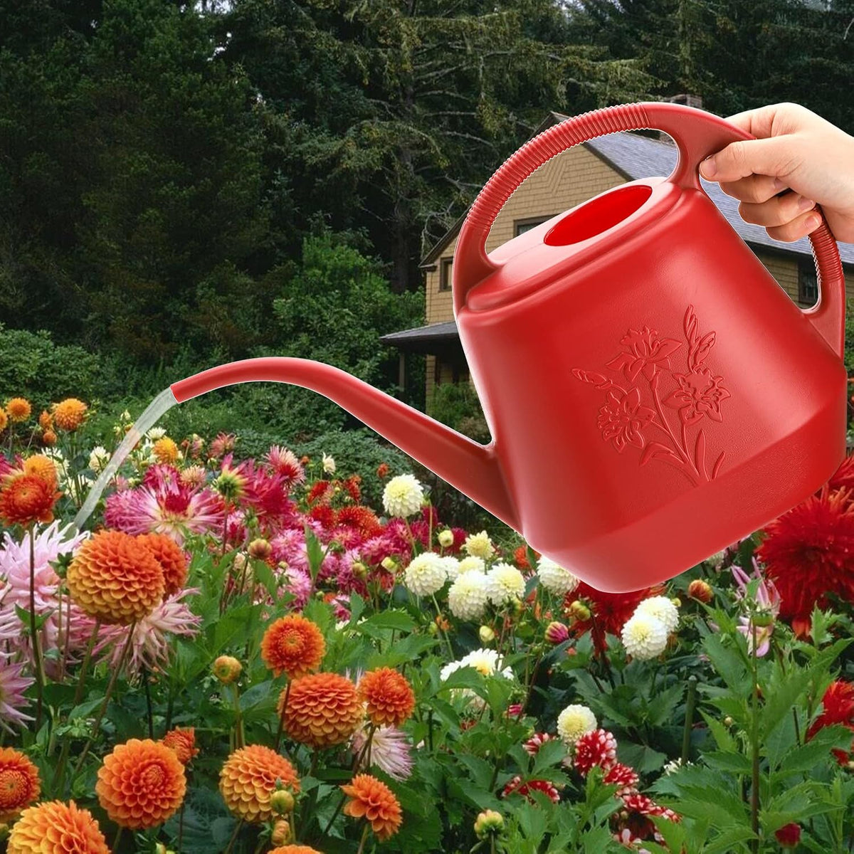 Fasmov 1-Gallon Plastic Watering Can with Comfortable Handle, Garden Watering Cans Long Spout for Indoor Outdoor Watering Plants, Burnt Red