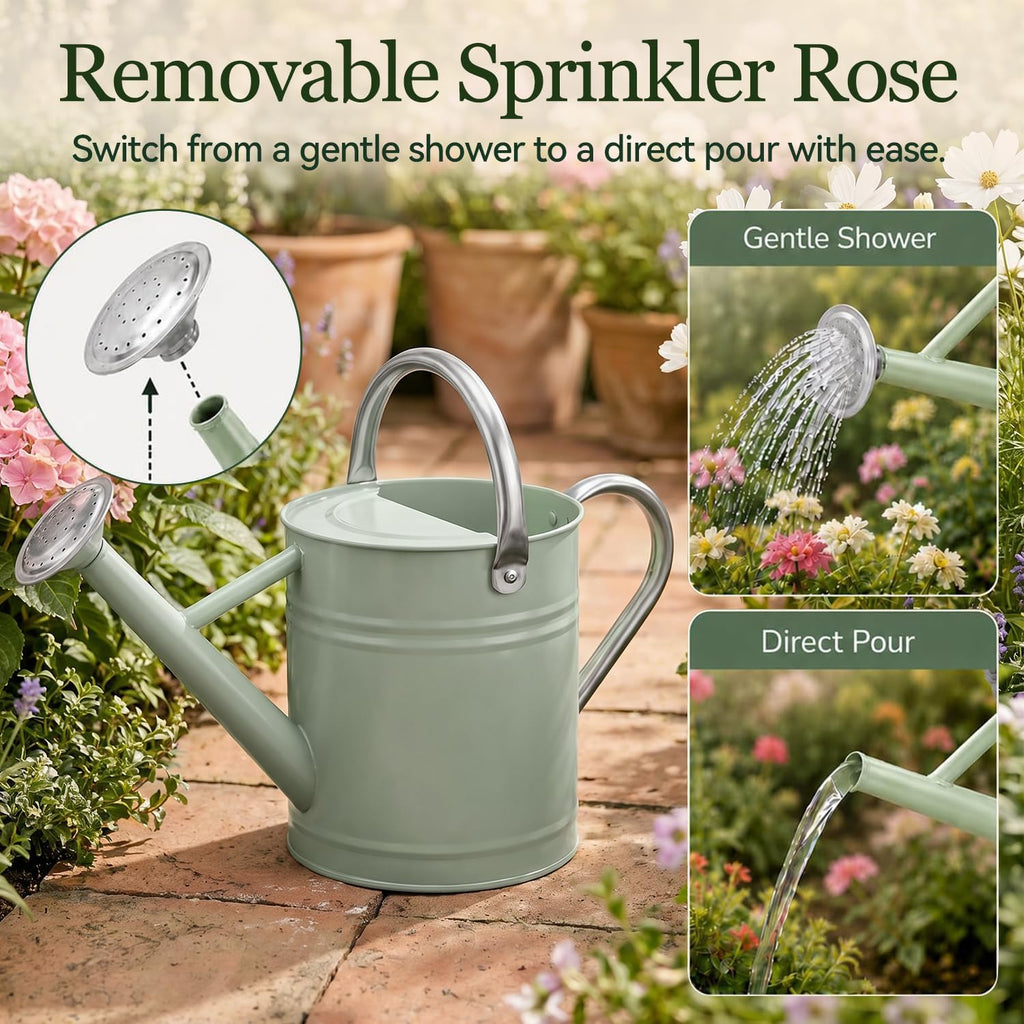 1 Gallon Metal Watering Can for Indoor Outdoor Plants, Cream Green