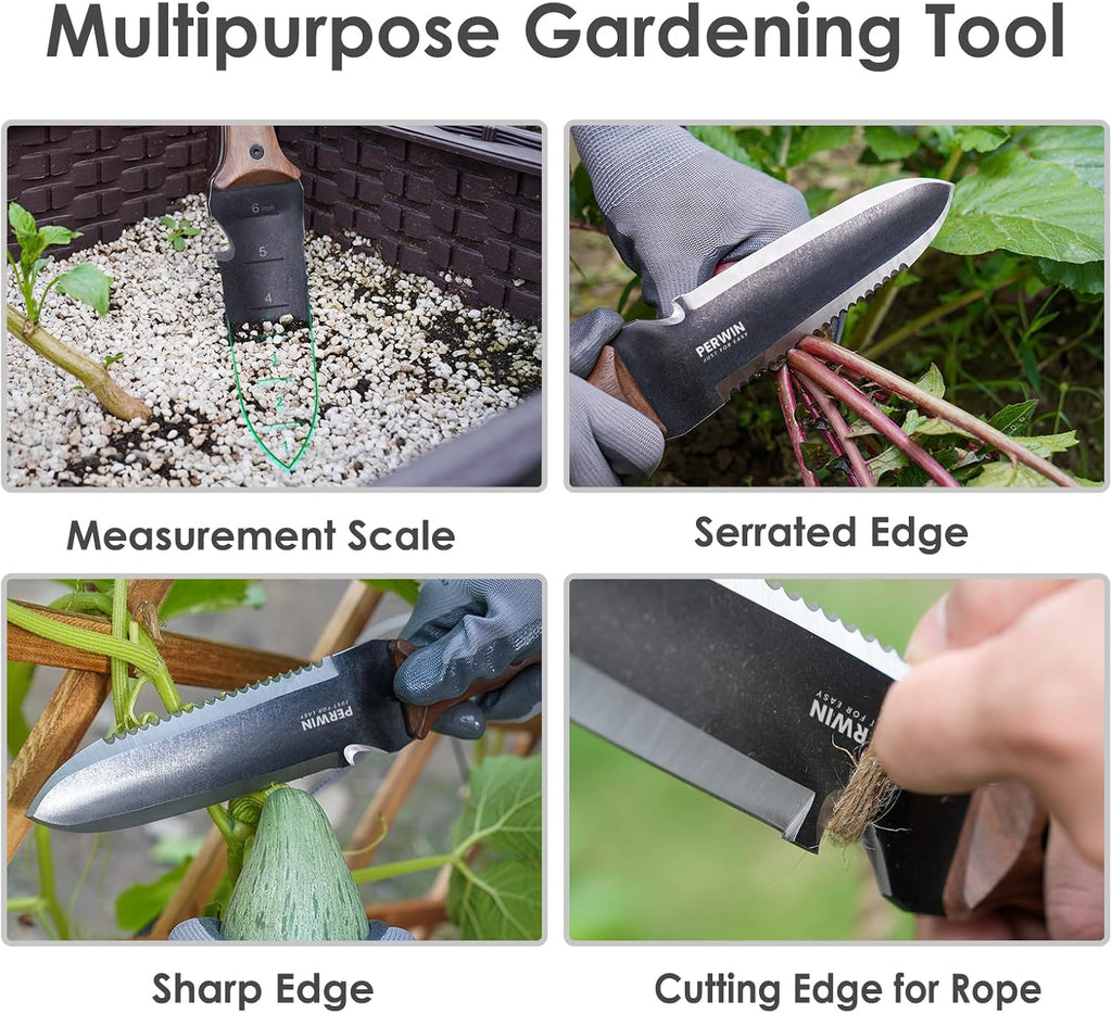 PERWIN Hori Hori Garden Knife, Garden Tools with Sheath for Weeding, Planting, Digging, 7" Stainless Steel Blade with Cutting Edge, Full-Tang Wood Handle with Hanging Hole