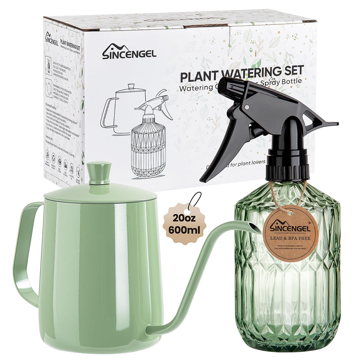 Watering Can for Indoor Plants, 20 oz Metal Small Plant Watering Can with Long Spout for House Plants, 13.5 oz Glass Plant Mister Spray Bottle for Bonsai Garden Flowers Decorative (Green)