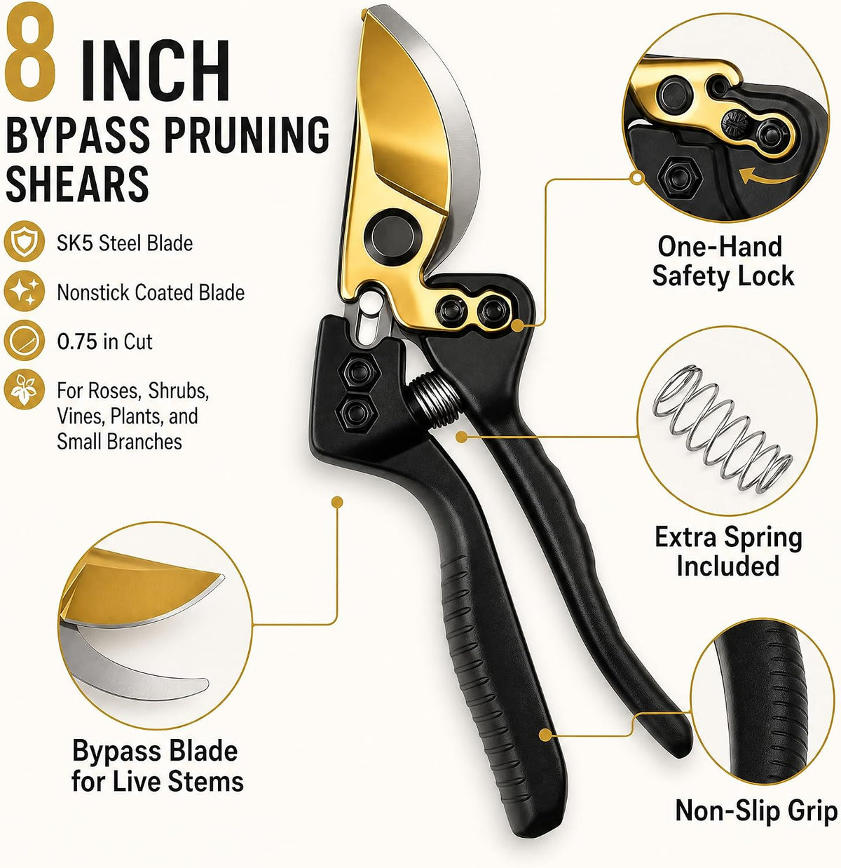 8" SK5 Bypass Pruning Shears, Hand Pruners and Garden Clippers