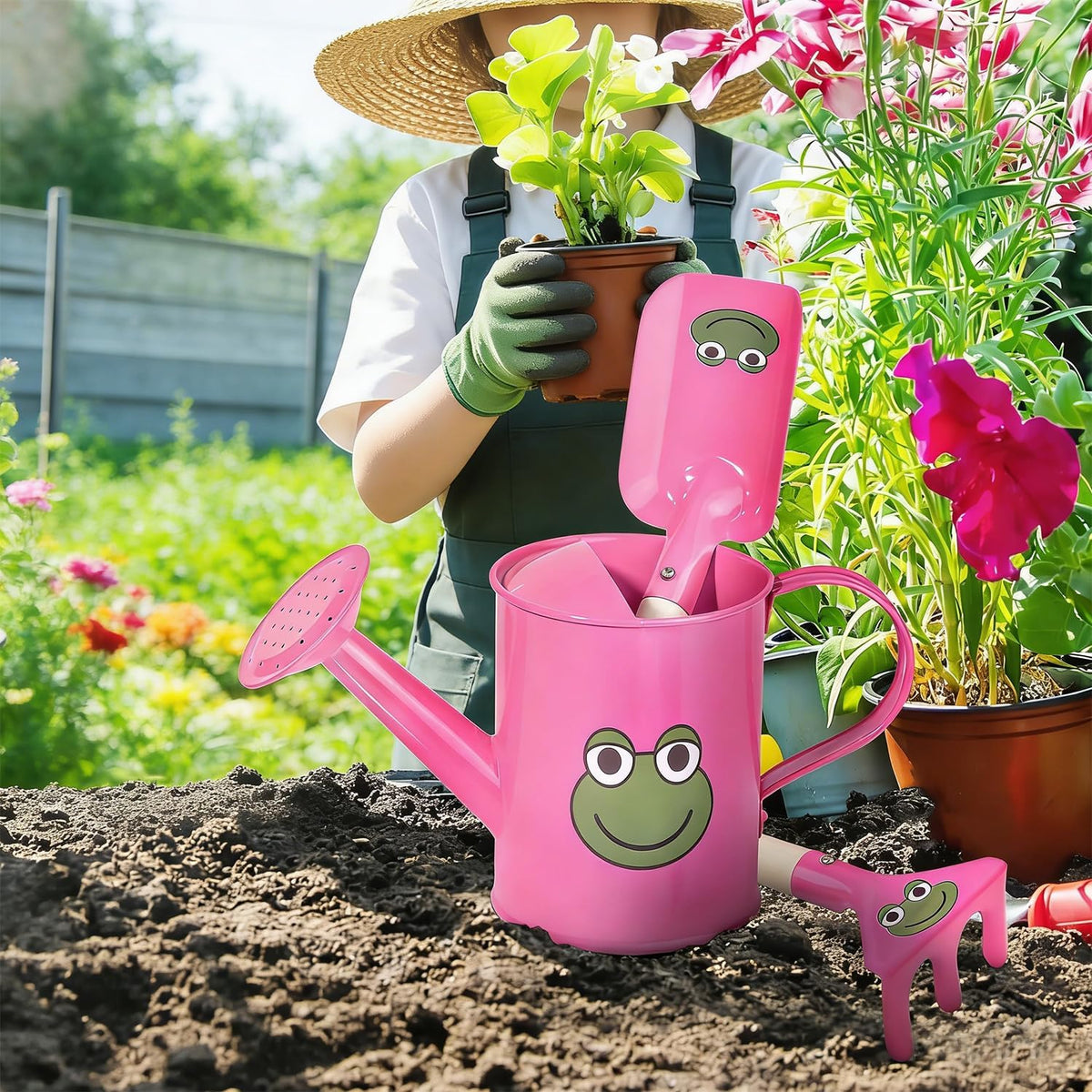 Sungmor Small Watering Can Set Cute Little Gardener Kit | Package Includes 3PC Rose Red Frog Watering Can & Trowel & Rake Gardening Hand Tools | Perfect for Garden,Yard or Beach