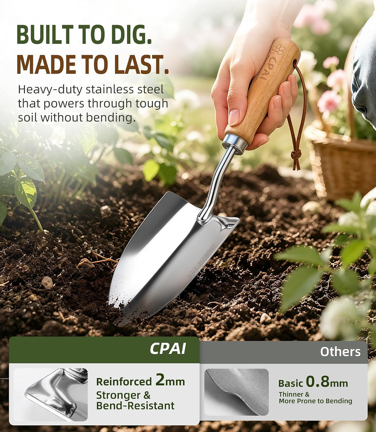Garden Trowel, Heavy Duty 2mm Stainless Steel Hand Shovel