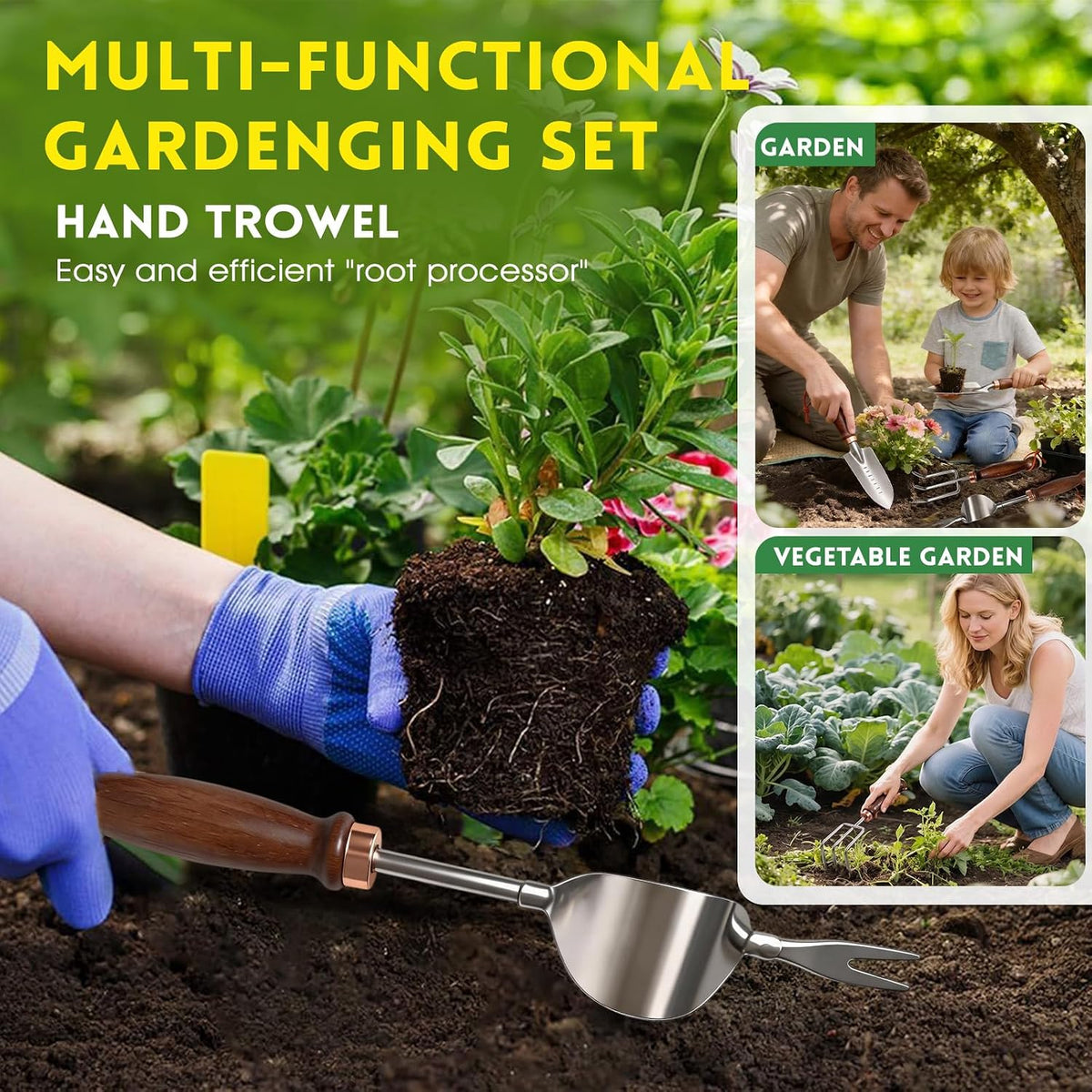 Garden Tools, 4 Pack Garden Shovel with Wooden Handles Hand Tools with Transplanting Hand Shovel, Rake and Root Picker Ideal for Digging and Planting