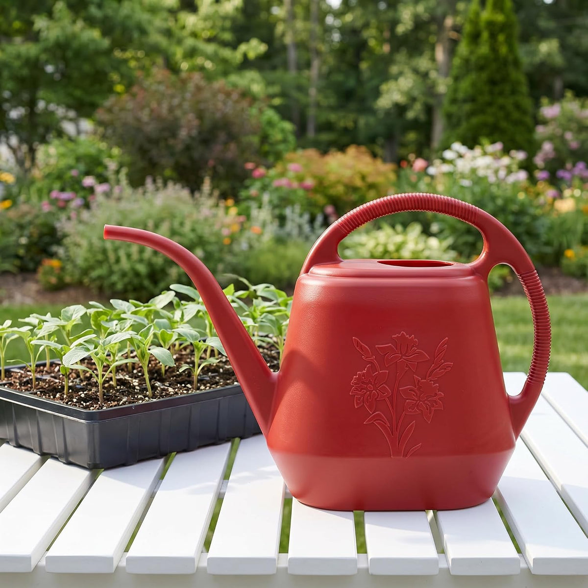 Fasmov 1-Gallon Plastic Watering Can with Comfortable Handle, Garden Watering Cans Long Spout for Indoor Outdoor Watering Plants, Burnt Red