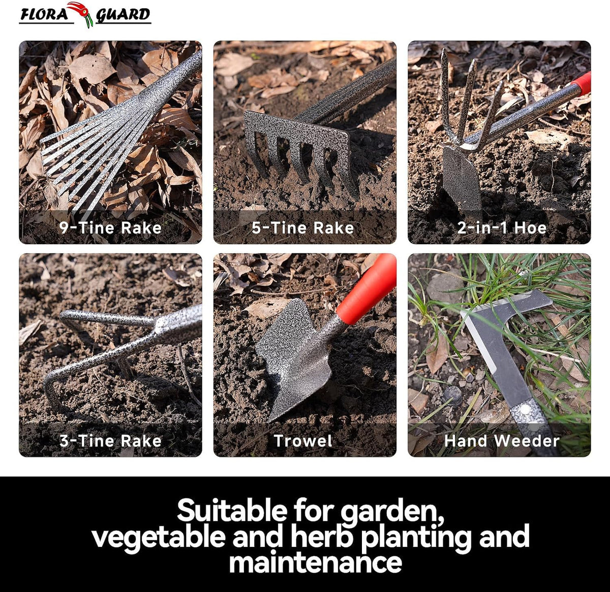 FLORA GUARD 6-Piece Garden Tool Set, Heavy Duty Steel Hand Tools
