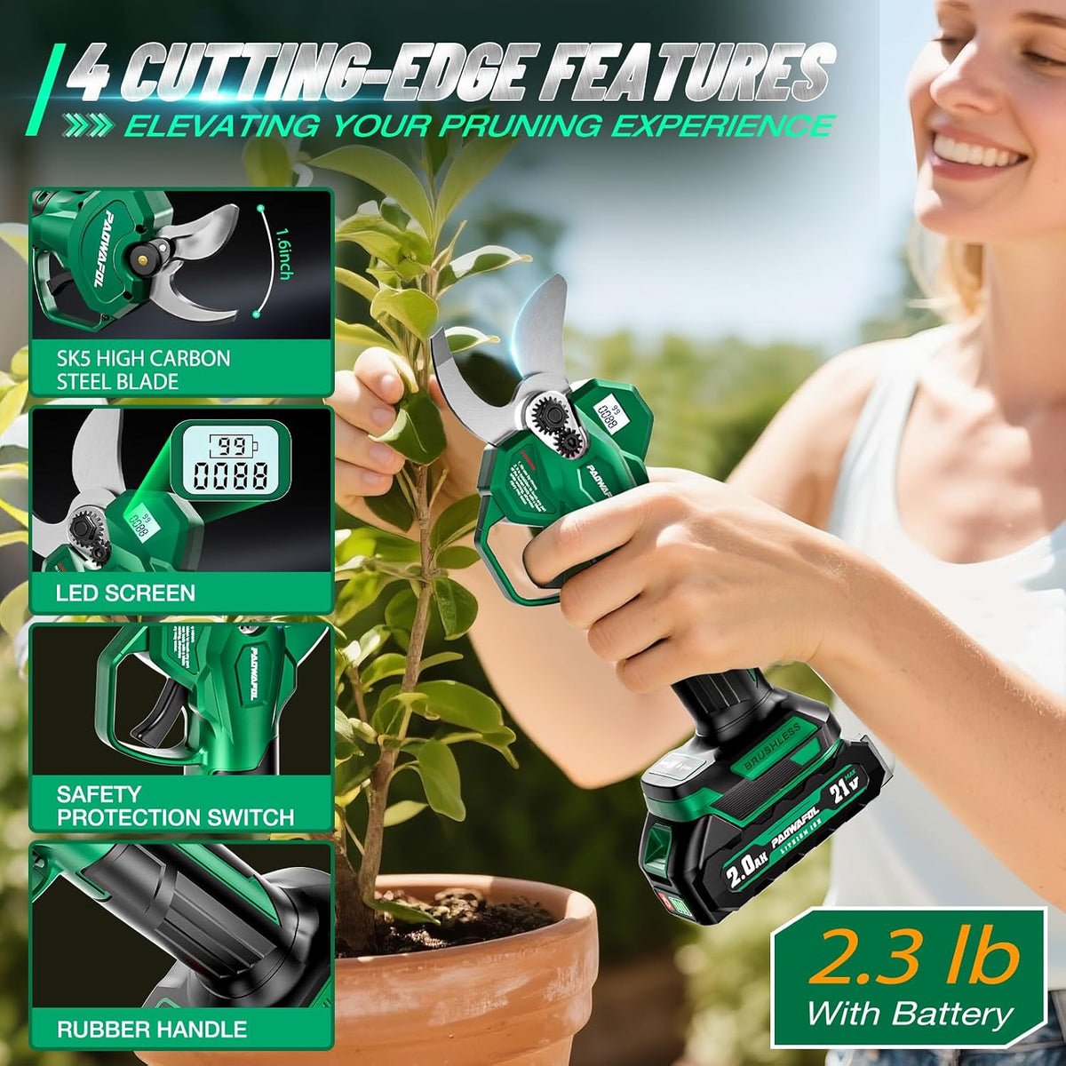 Electric Pruning Shears, 2.1" Cordless Pruner for Garden Trimming
