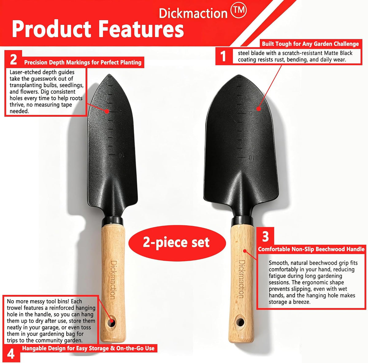2 Pack Garden Trowel Set Carbon Steel Hand Shovel with Measurement Marks for Digging Planting and Transplanting Garden Work