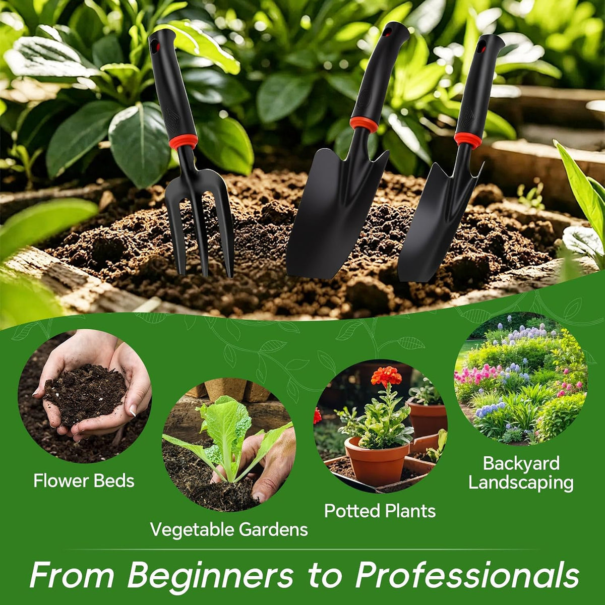 Vinid 4-Piece Heavy-Duty Garden Tool Set, Wide & Narrow Trowel, Root Remover, 3-Tine Cultivator, Hand Rake with Soft Rubber Non-Slip Handle, Idea Gift for Women, Mother