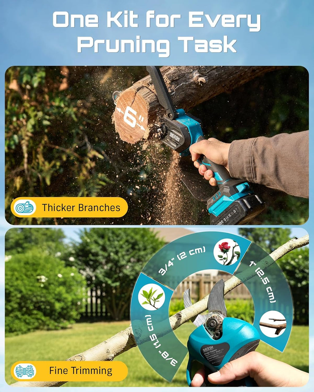 SEESII 2-in-1 Mini Chainsaw & Pruning Shears Combo, Brushless Motor
