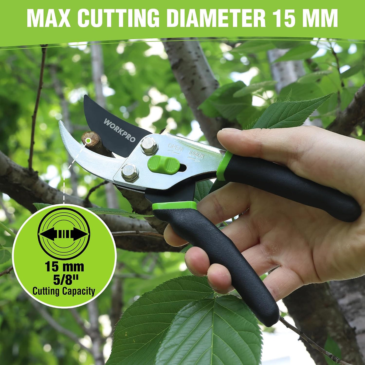 WORKPRO 8.5" Bypass Pruning Shears, 5/8" Cut Capacity Garden Shears