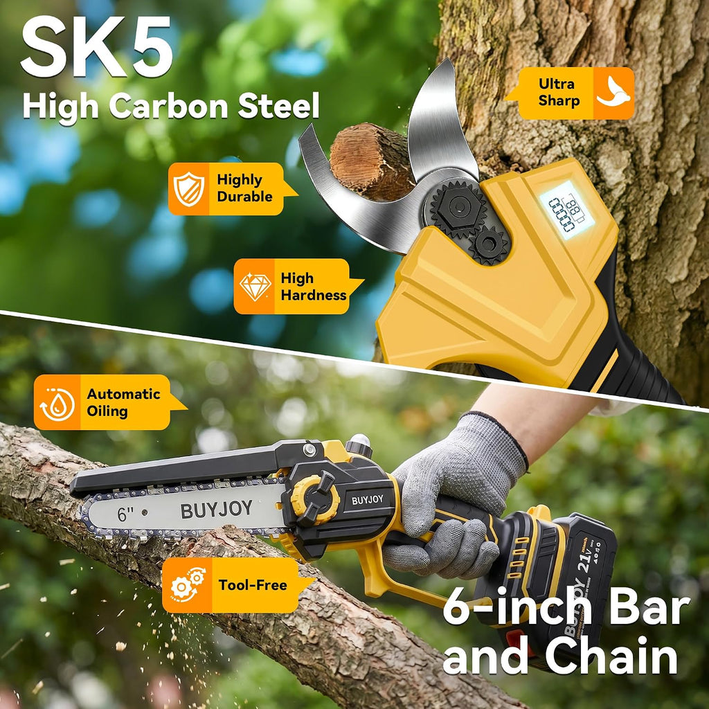 BUYJOY 4-in-1 Electric Pruning Shears & 6 Inch Pole Saw Combo