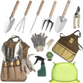 13-Piece Garden Tools Set with Tote Bag & Apron, Repotting Mat - Stainless Steel Heavy Duty Planting Kit, Ergonomic Non-Slip Handles - Gardening Gift for Women, Mom, Home Gardeners