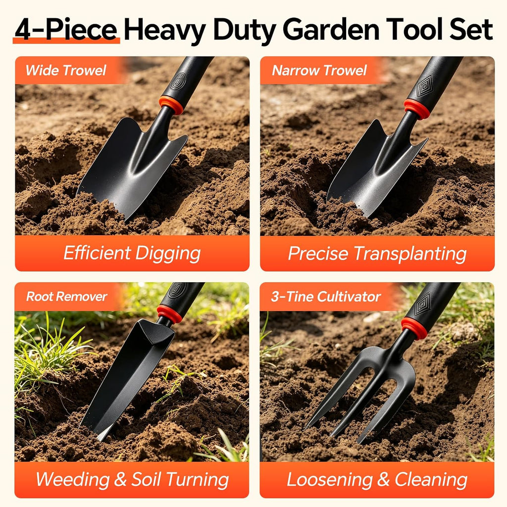 Vinid 4-Piece Heavy-Duty Garden Tool Set, Wide & Narrow Trowel, Root Remover, 3-Tine Cultivator, Hand Rake with Soft Rubber Non-Slip Handle, Idea Gift for Women, Mother
