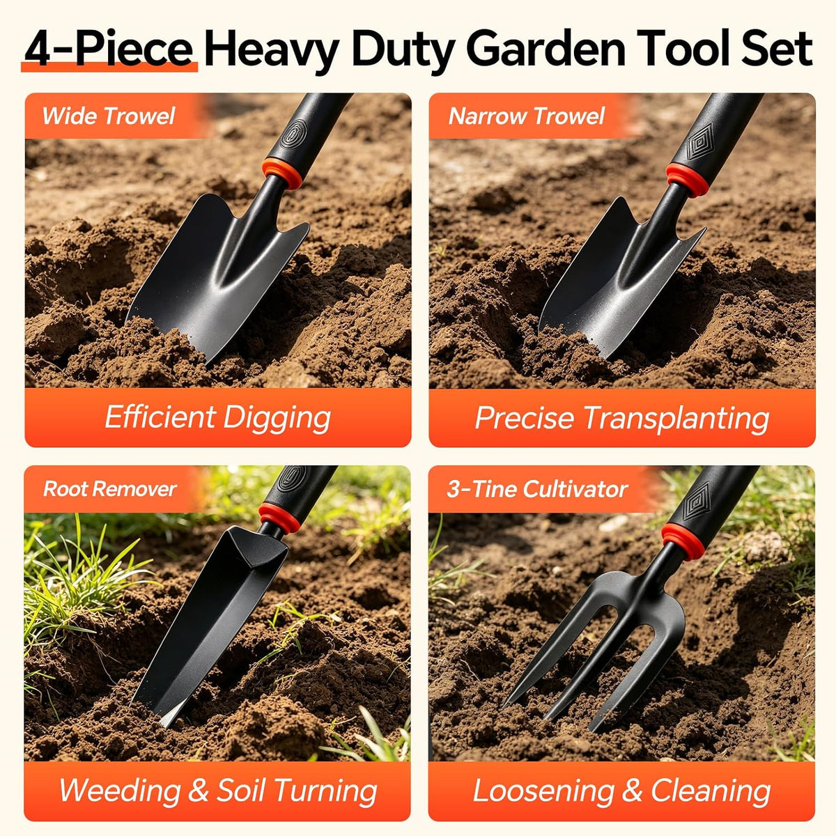 Vinid 4-Piece Heavy-Duty Garden Tool Set, Wide & Narrow Trowel, Root Remover, 3-Tine Cultivator, Hand Rake with Soft Rubber Non-Slip Handle, Idea Gift for Women, Mother