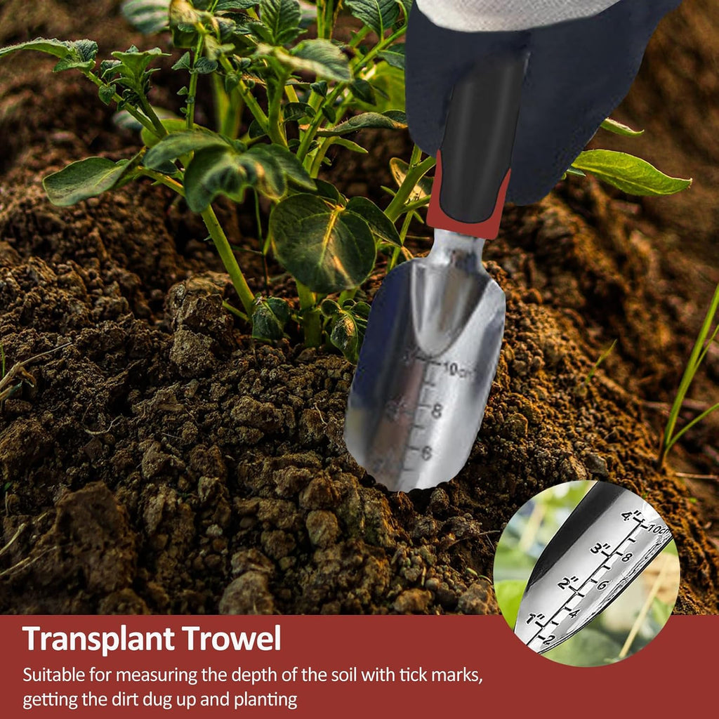 Garden Tool Set, 3 Piece Gardening Tools Includes Garden Trowel, Transplant Trowel and Hand Rake with Non-Slip Ergonomic Handle, Heavy Duty Garden Kit for Planting, Garden Gifts, Red