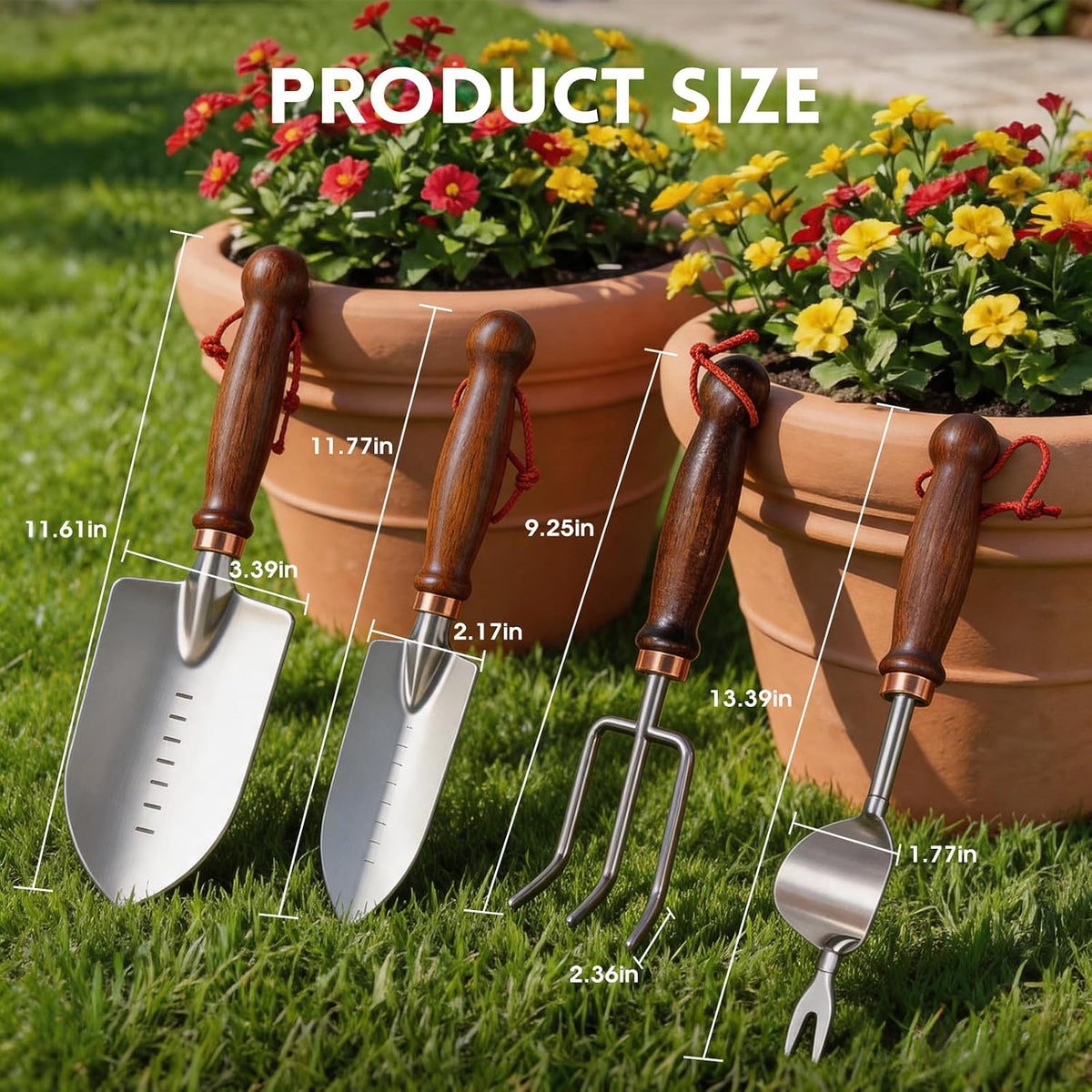 Garden Tools, 4 Pack Garden Shovel with Wooden Handles Hand Tools with Transplanting Hand Shovel, Rake and Root Picker Ideal for Digging and Planting