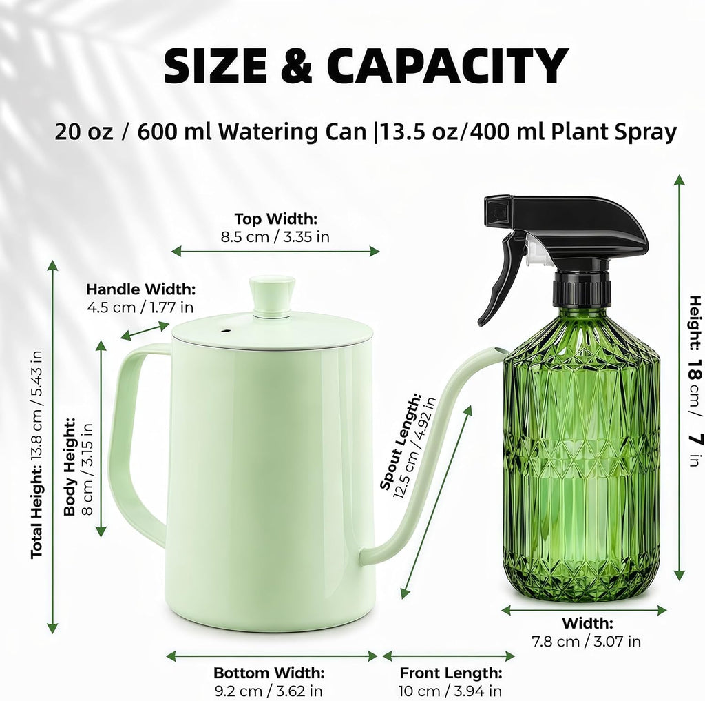 2 Pack Small Watering Can for Indoor Plants, 20 oz Metal Plant Watering Can with Long Spout for House Plants, 13.5 oz Glass Plant Mister Spray Bottle for Bonsai Garden Flowers Decorative