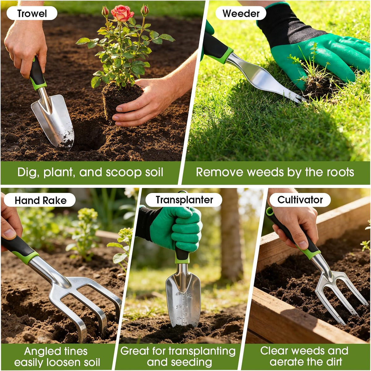 WOWBOX Garden Tools Set, 10 PCS Heavy Duty Gardening Hand Tools Kit, Green