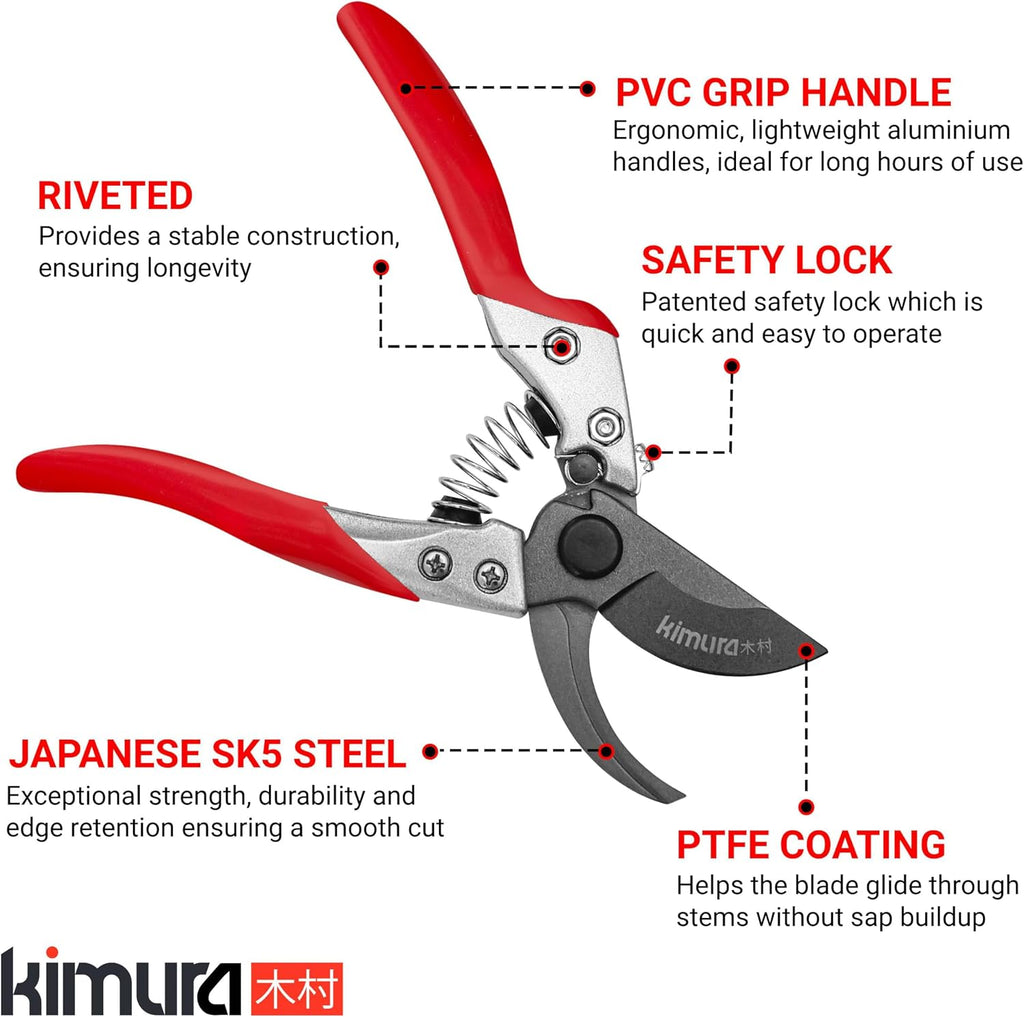 Kimura® 8" Pro Bypass Pruning Shears, Heavy Duty Japanese SK5 Steel Blades, 1 inch Cut Capacity, Non-Slip PVC Coated Handles, Lightweight & Ergonomic, Japanese Pruners, Professional Garden Clippers