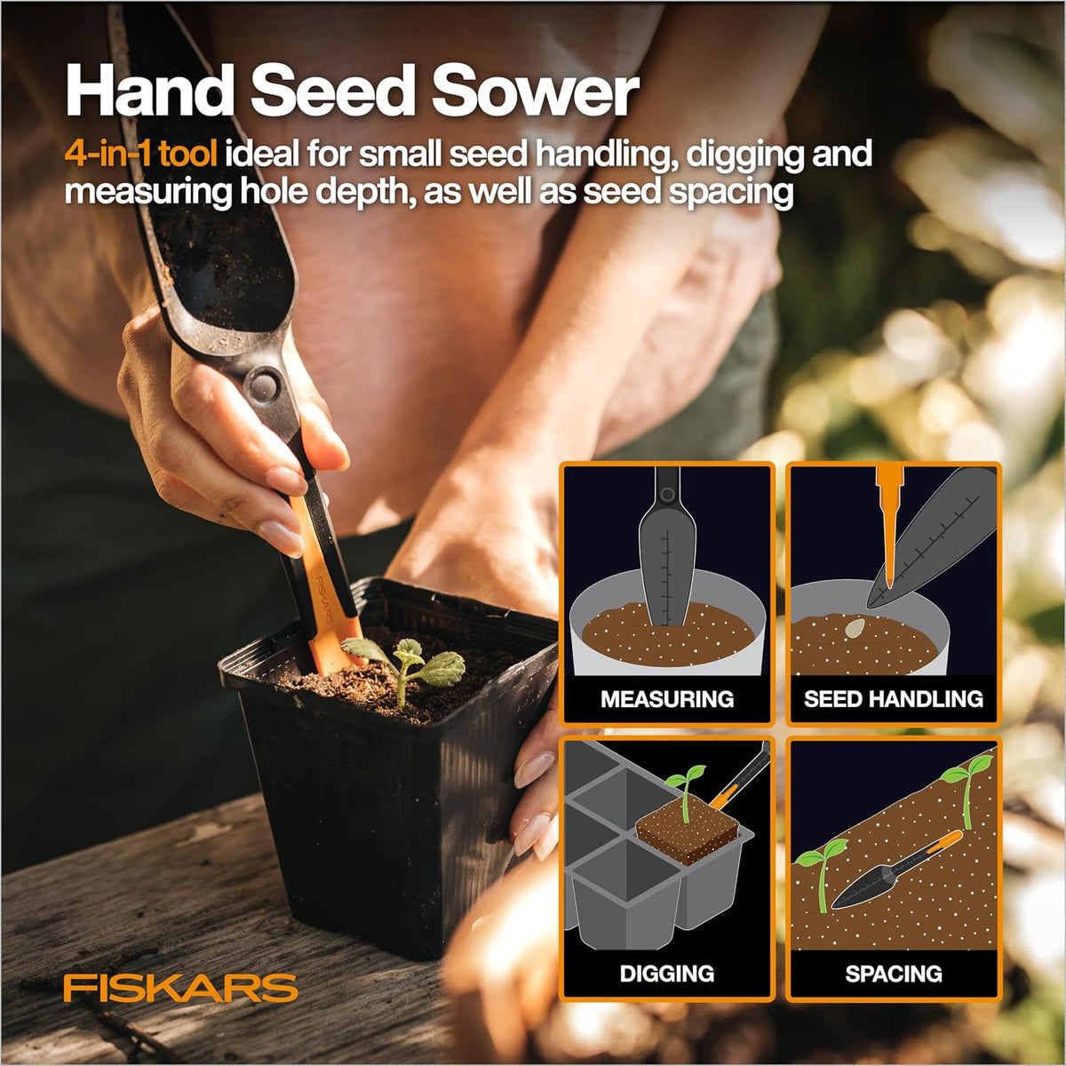 Fiskars 4-in-1 Seed Planting Garden Trowel and Seed Sower Tool