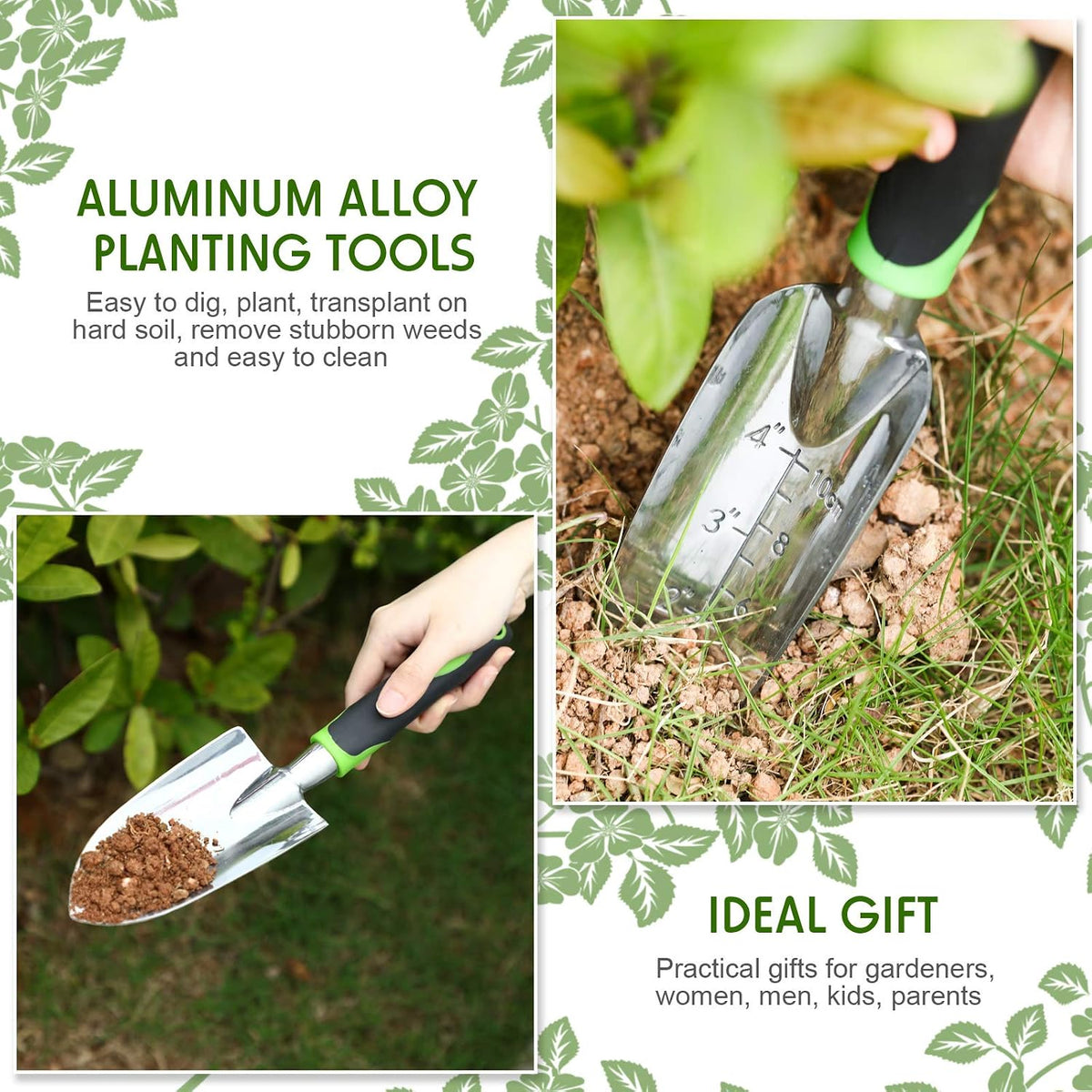 Honoson Garden Hand Trowel Transplant Trowel with Measurements Aluminum Alloy Planting Tools with Rubber Handle Small Gardening Hand Tools Shovels for Gardening Cultivating Transplanting Supplies