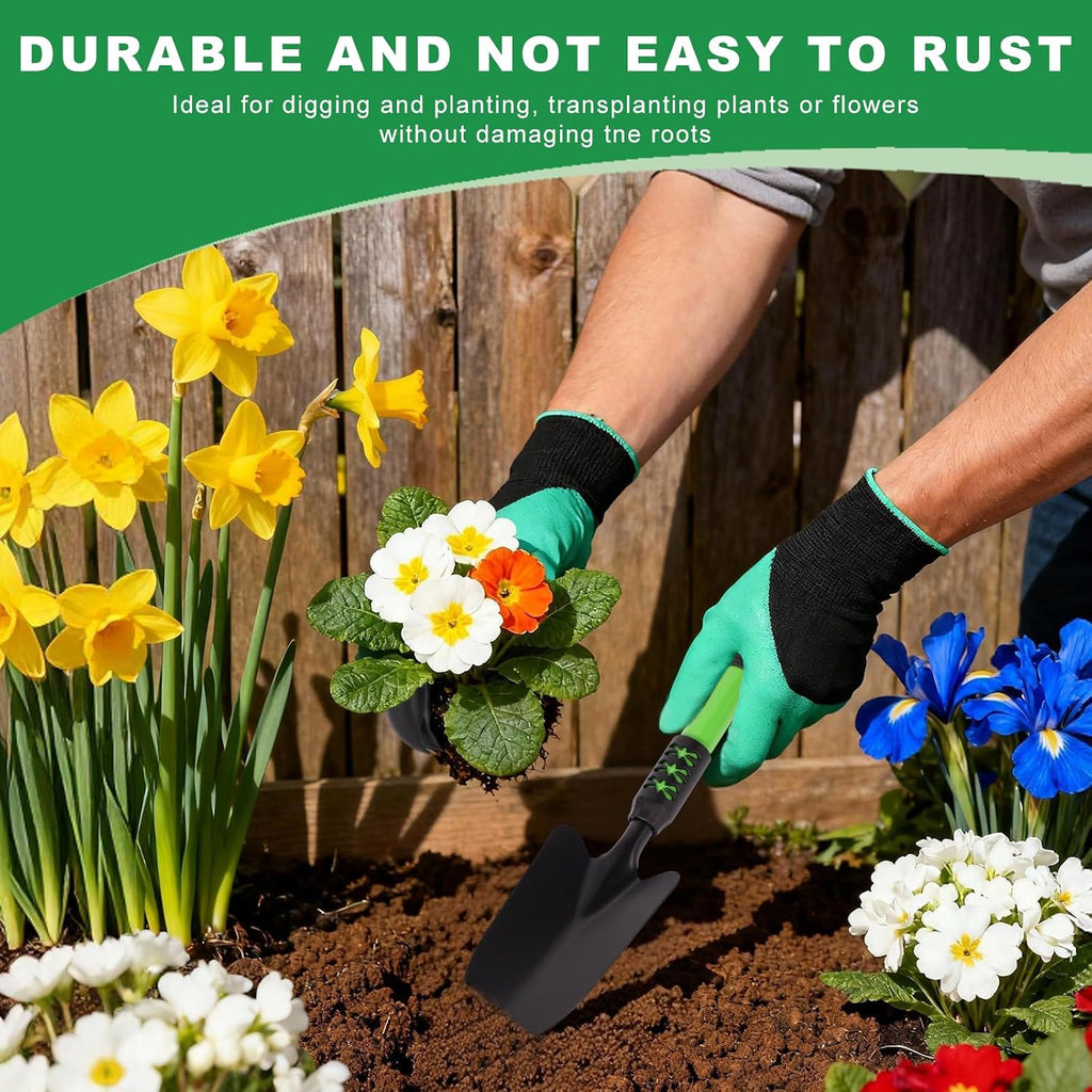 Garden Tools Set, 4 Pack Gardening Tools, Stainless Steel Heavy Duty Hand Cultivator, Hoes, Spade Shovel, for Planting Weeding Digging, Gardening Gifts for Women, Green