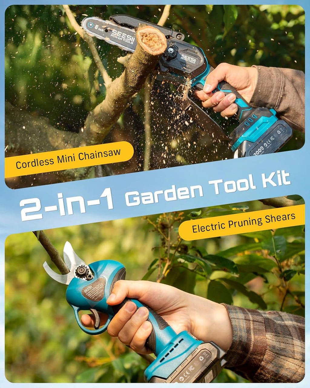 SEESII 2-in-1 Mini Chainsaw & Pruning Shears Combo, Brushless Motor