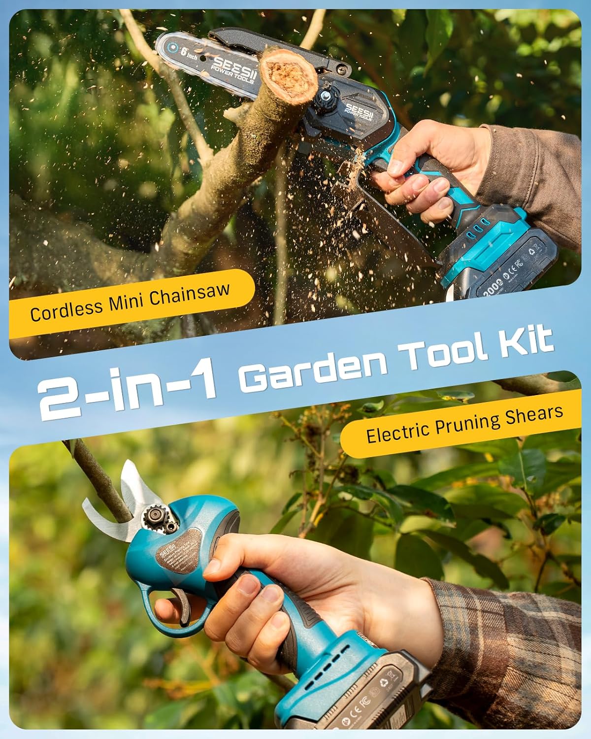 SEESII 2-in-1 Mini Chainsaw & Pruning Shears Combo, Brushless Motor