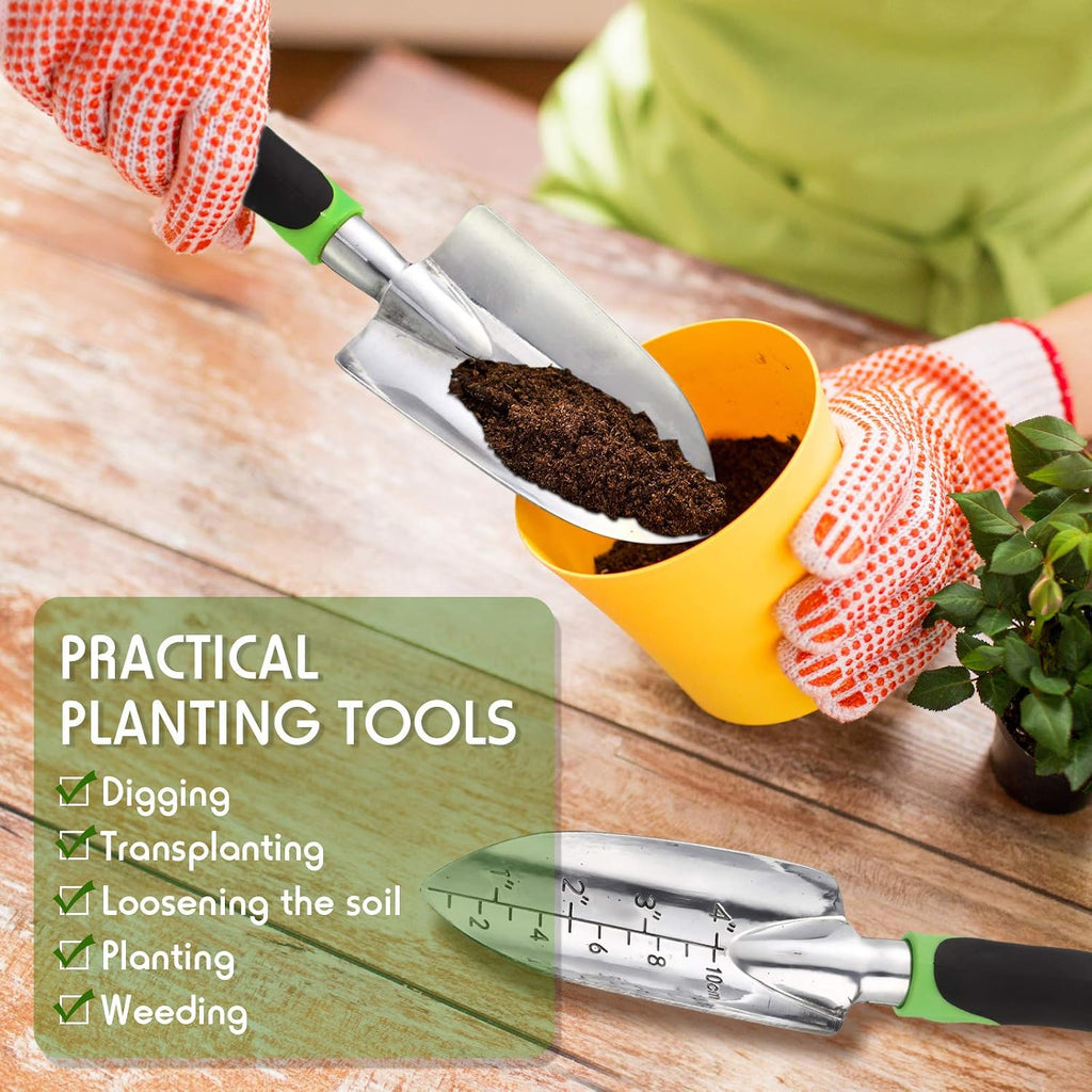 Honoson Garden Hand Trowel Transplant Trowel with Measurements Aluminum Alloy Planting Tools with Rubber Handle Small Gardening Hand Tools Shovels for Gardening Cultivating Transplanting Supplies