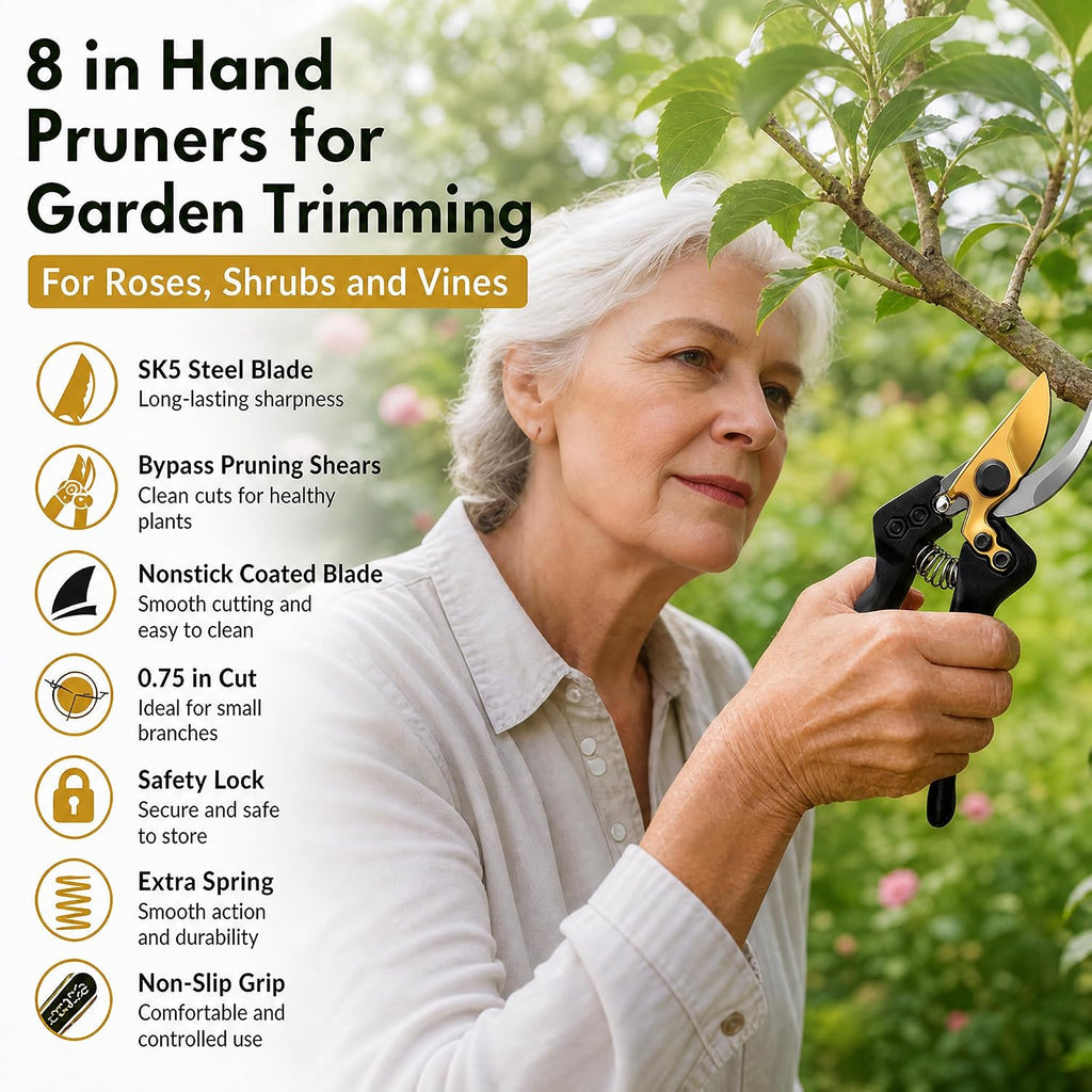 8" SK5 Bypass Pruning Shears, Hand Pruners and Garden Clippers