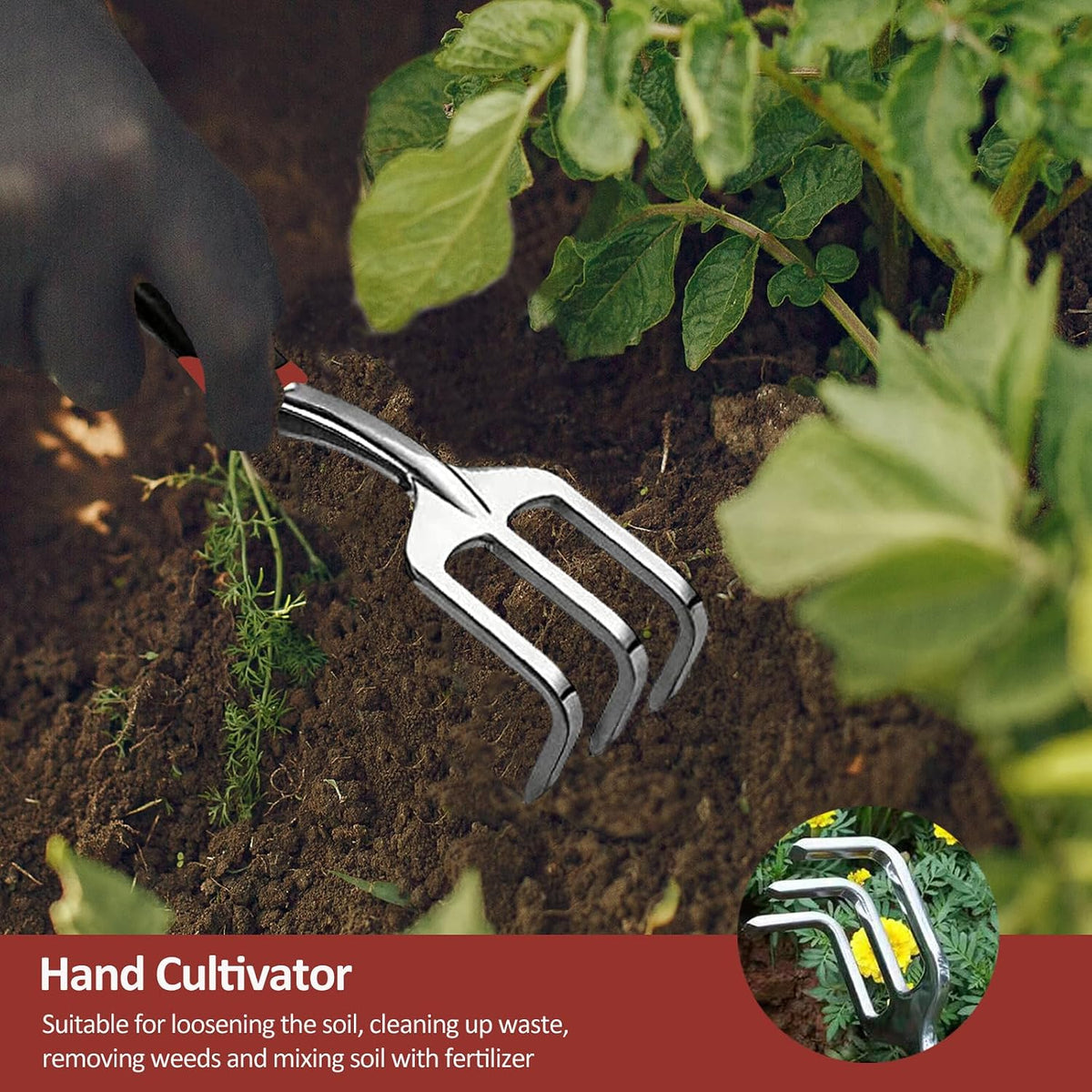 Garden Tool Set, 3 Piece Gardening Tools Includes Garden Trowel, Transplant Trowel and Hand Rake with Non-Slip Ergonomic Handle, Heavy Duty Garden Kit for Planting, Garden Gifts, Red