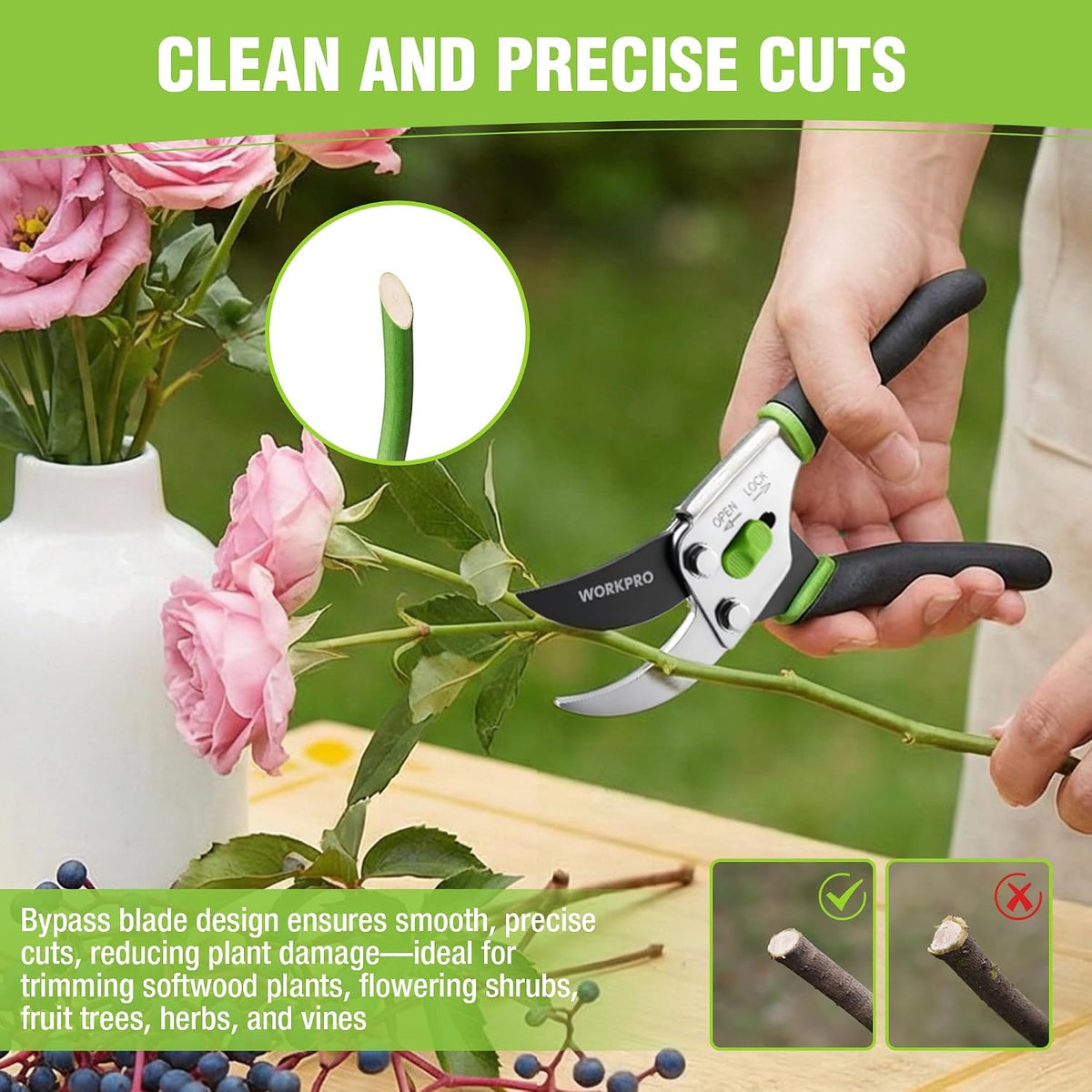 WORKPRO 8.5" Bypass Pruning Shears, 5/8" Cut Capacity Garden Shears