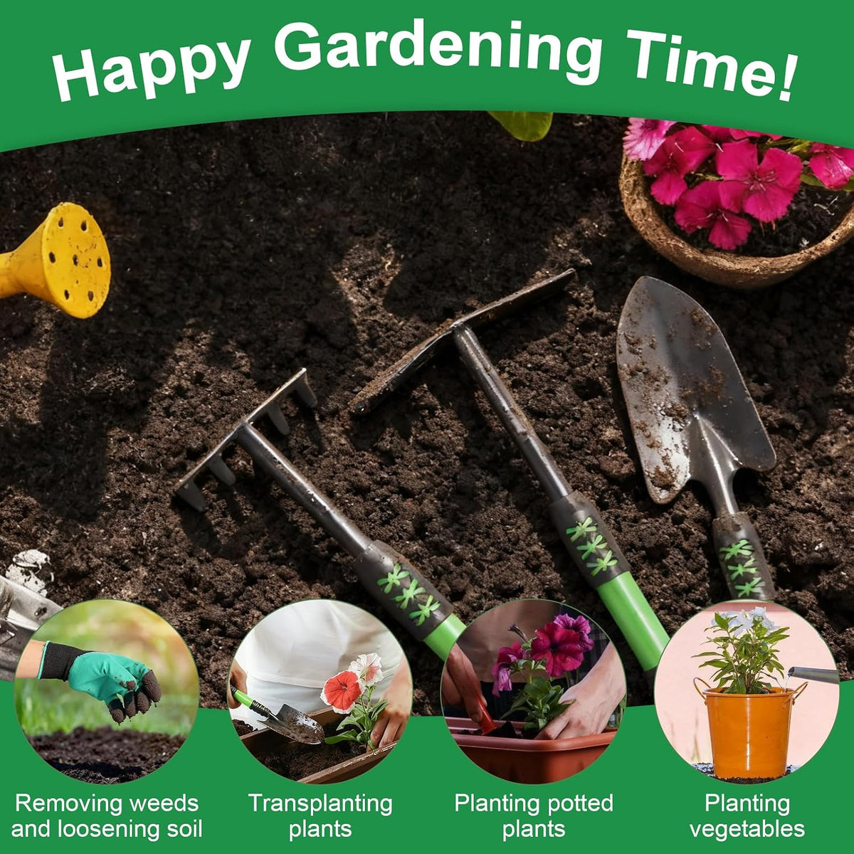 Garden Tools Set, 4 Pack Gardening Tools, Stainless Steel Heavy Duty Hand Cultivator, Hoes, Spade Shovel, for Planting Weeding Digging, Gardening Gifts for Women, Green