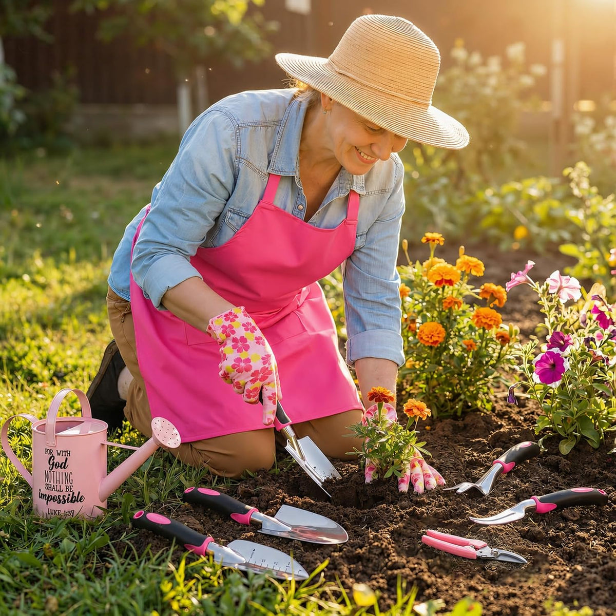 Blueweenly 9 Pcs Watering Can Garden Tools Kit with Bible Verse Christian Gardening Gifts for Women with Heavy Duty Garden Hand Tools 1.6L Galvanized Metal Can Apron Gloves for Mom Grandma(Pink)