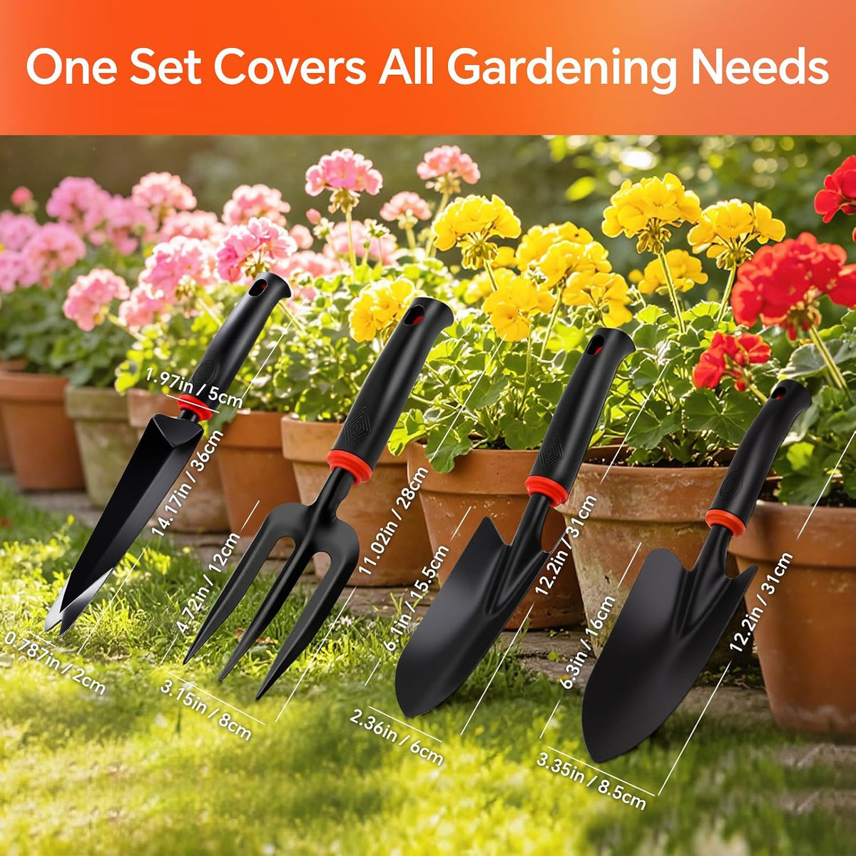 Vinid 4-Piece Heavy-Duty Garden Tool Set, Wide & Narrow Trowel, Root Remover, 3-Tine Cultivator, Hand Rake with Soft Rubber Non-Slip Handle, Idea Gift for Women, Mother