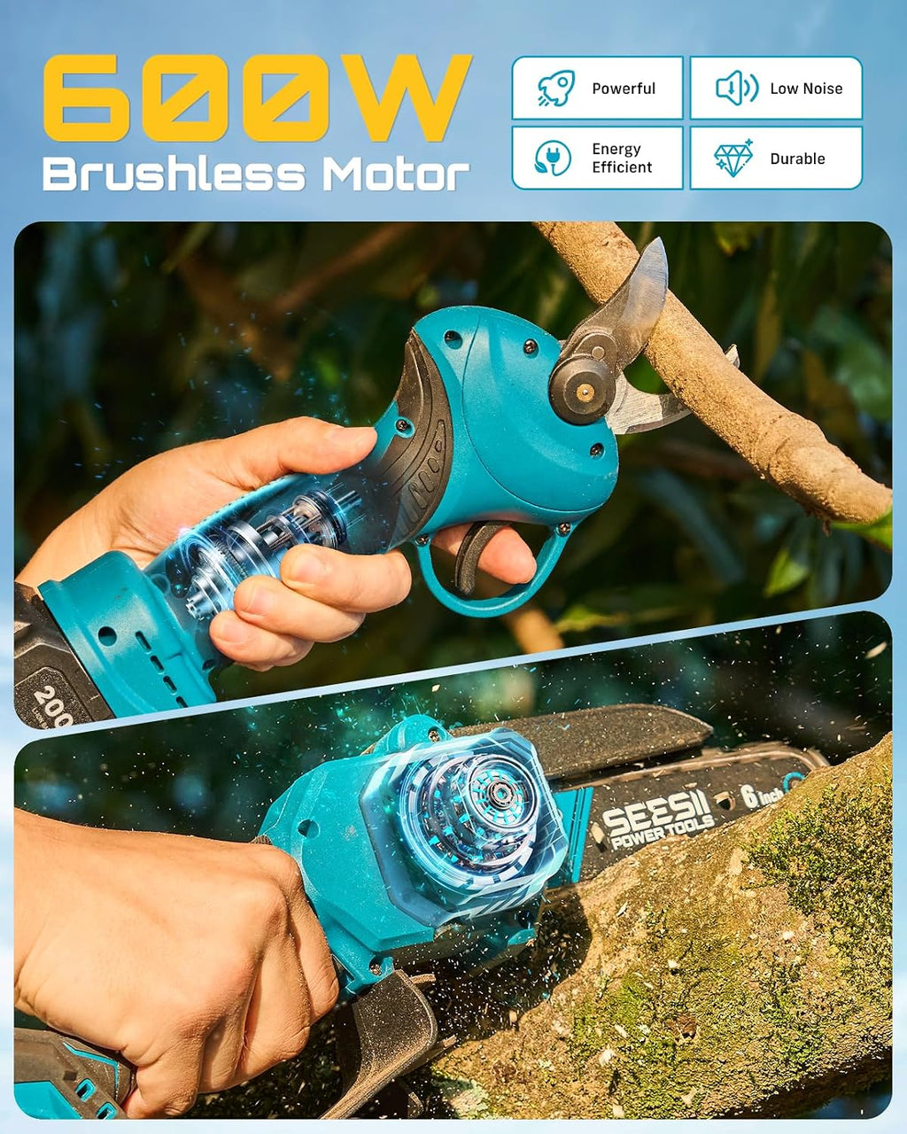 SEESII 2-in-1 Mini Chainsaw & Pruning Shears Combo, Brushless Motor