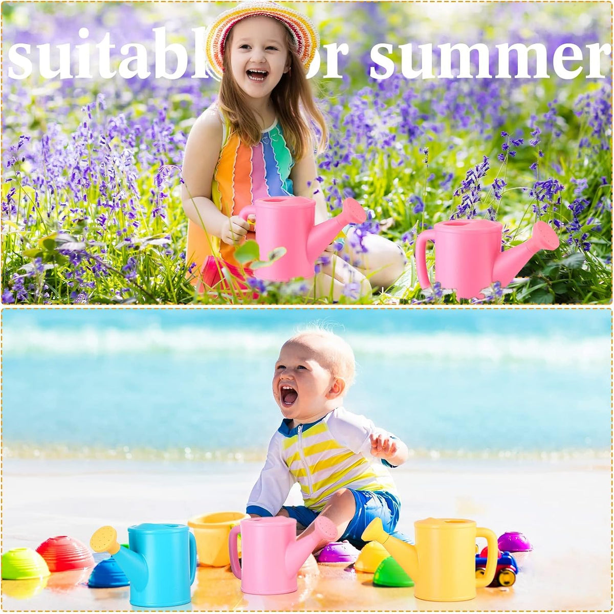 Meooeck 6 Pieces Plastic Watering Can for Kids Small Beach Toy Watering Can Toys for Childs Toddler Boys Girls Water Play Outdoor Gardening Play Time Practical Use, Yellow, Pink, Blue