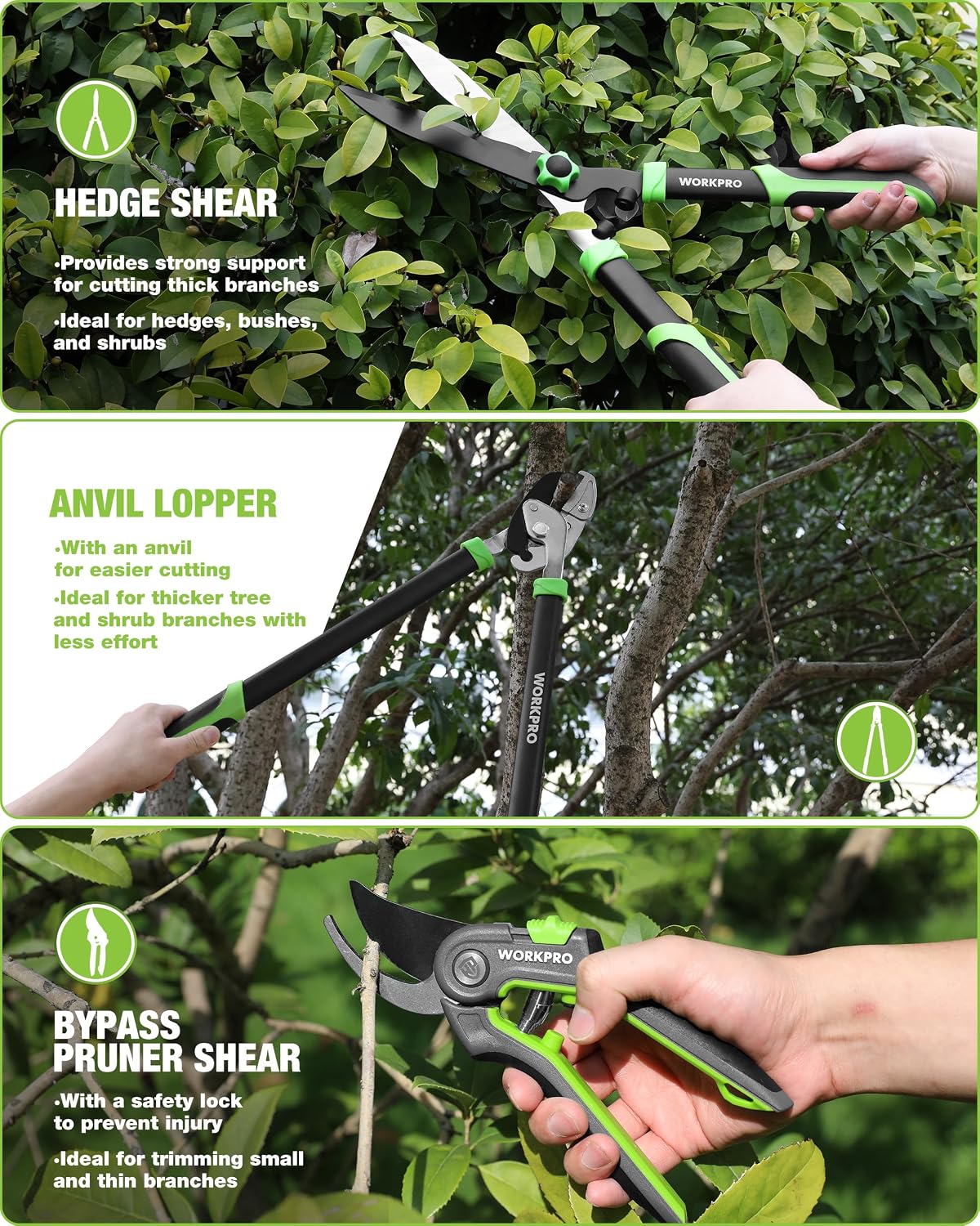 WORKPRO 3-Piece Garden Shears Set, Heavy-Duty Gardening Clippers