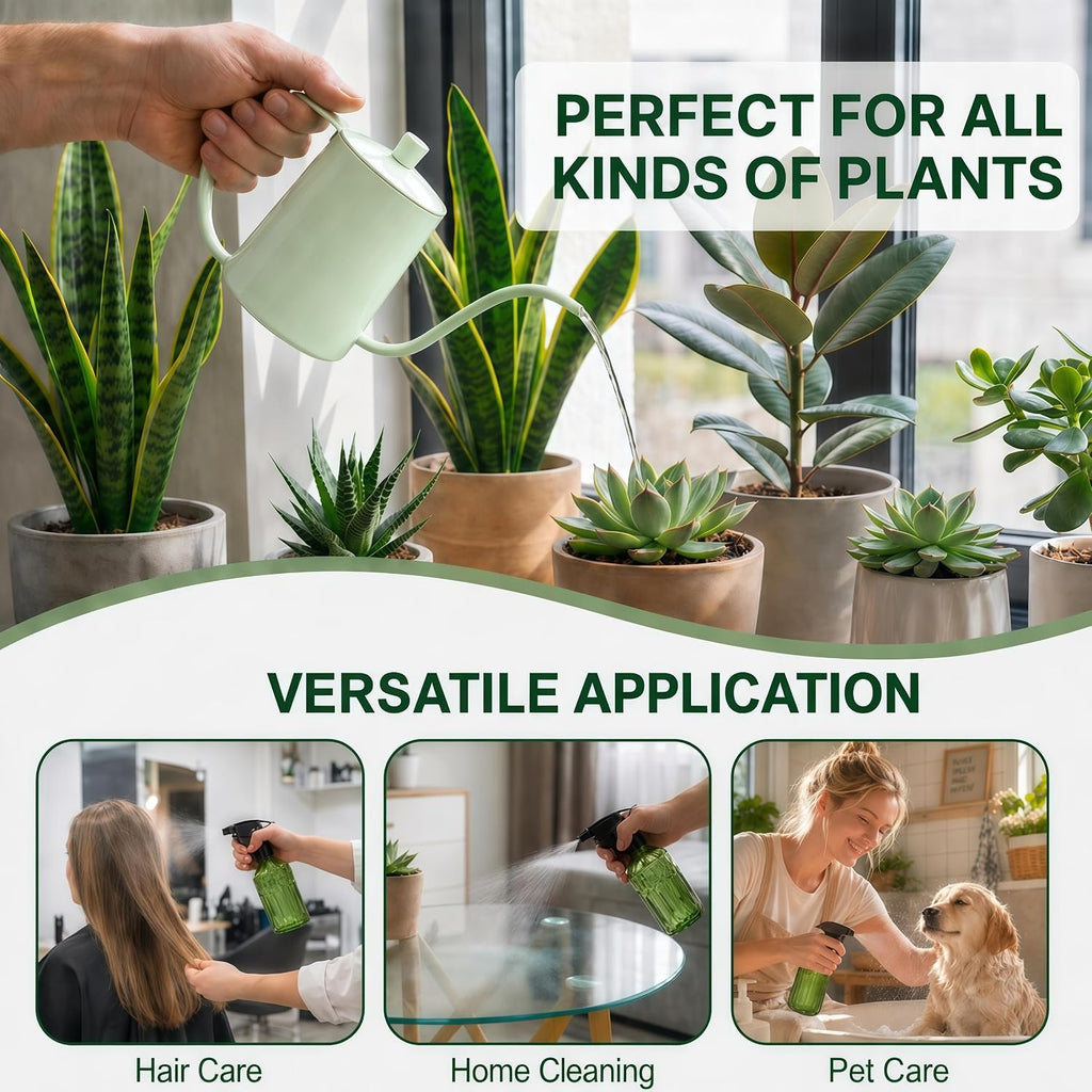 2 Pack Small Watering Can for Indoor Plants, 20 oz Metal Plant Watering Can with Long Spout for House Plants, 13.5 oz Glass Plant Mister Spray Bottle for Bonsai Garden Flowers Decorative